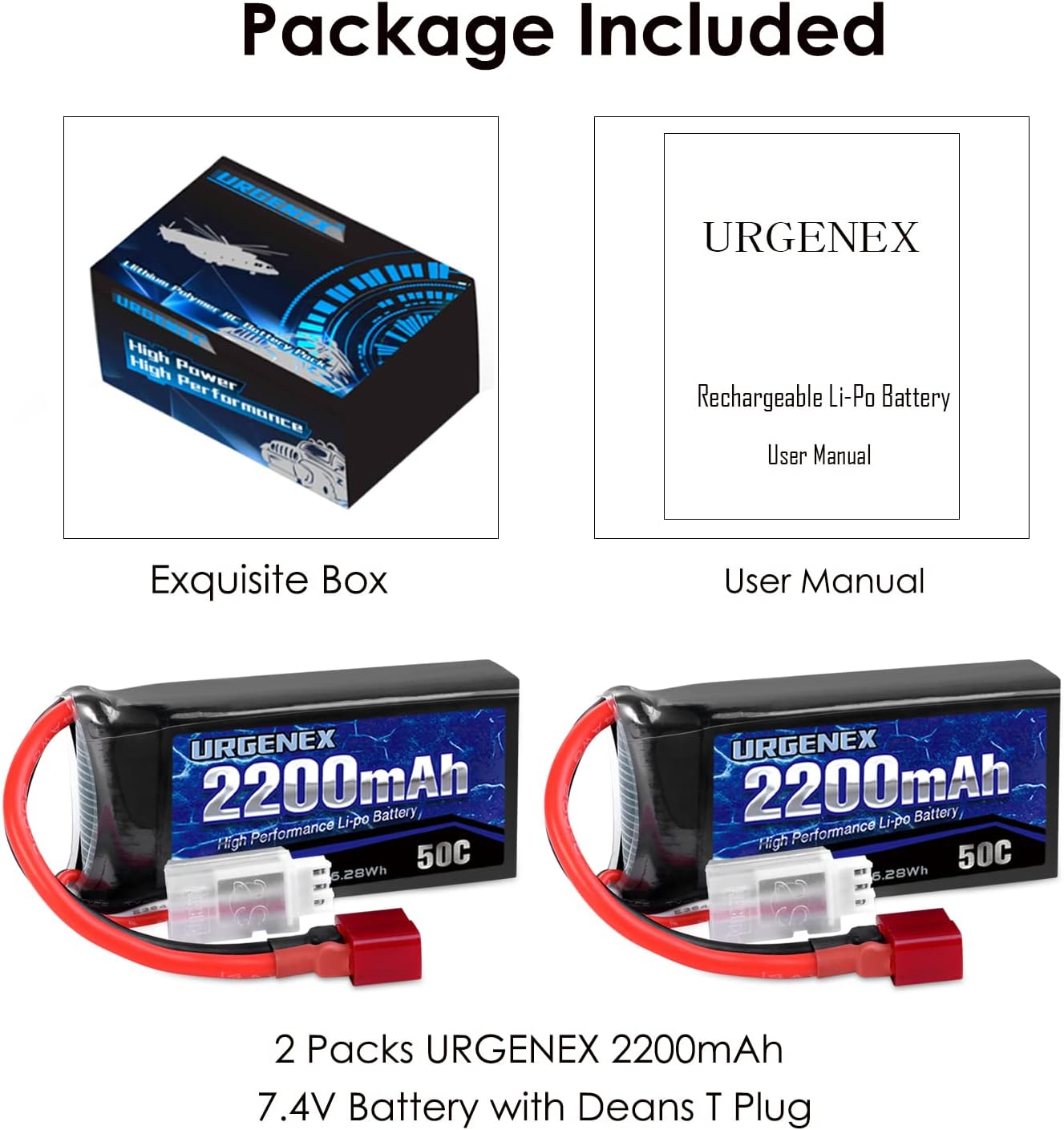 URGENEX 7.4V 2200mAh Lipo Battery 50C(Burst 80C) High Discharge Rate RC Batteries with Dean-Style T Plug Fit for RC Car Truggy, RC Airplane, FPV Drone, UAV Quadcopter and Helicopter
