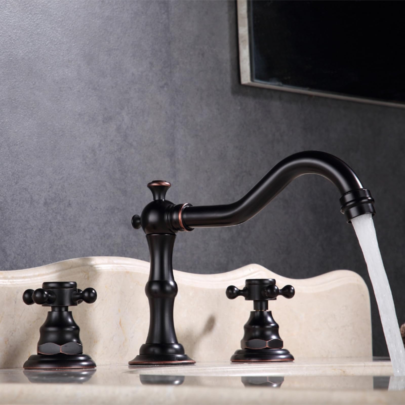 Fanjubei Black And Ancient Brass Split Double-Handle Three-Hole Turbocharged Hot And Cold Water Mixed-Use Basin Faucet, Black Antique Style