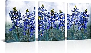 Framed Painting Texas Bluebonnets Flowers Canvas Wall Art Blue Floral Picture for Bedroom Living Room Bathroom Decoration