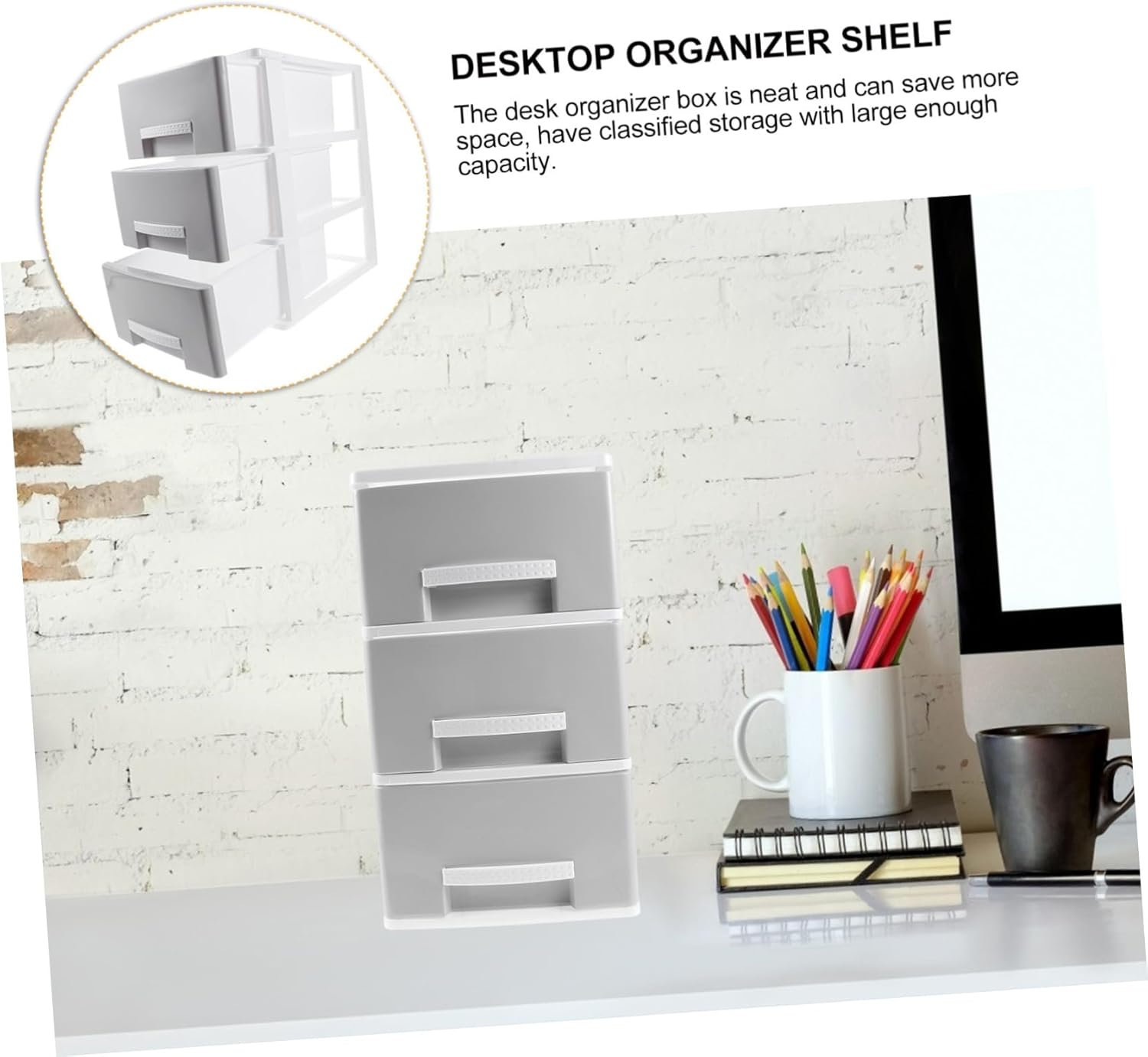 Plastic Drawer Storage Organizer Box for Desktop Lightweight Desk Storage Cabinet with Large Capacity for Office Files Stationery and Sundries Easy-clean Gray Desktop Organizer