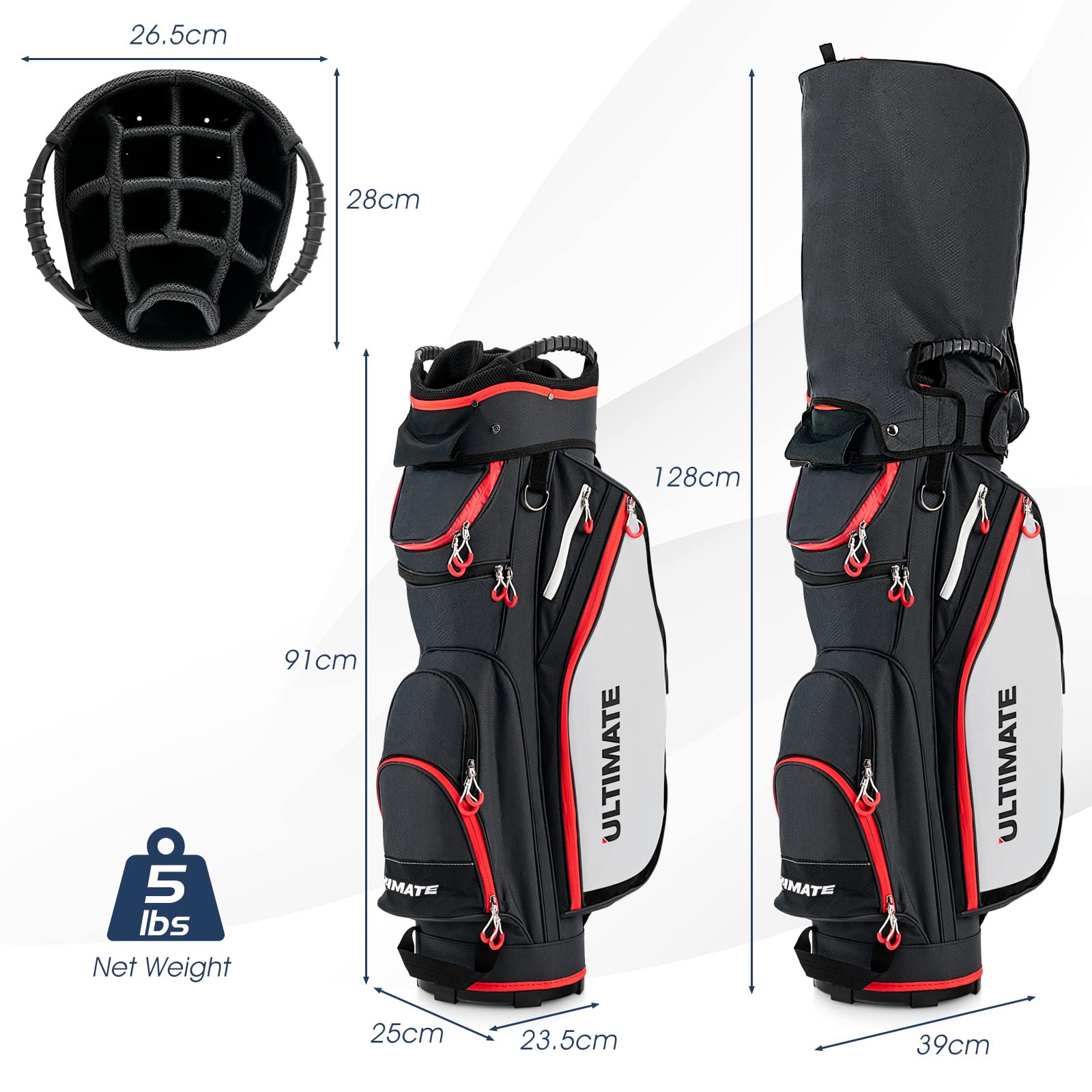 COSTWAY Sac de Golf avec Support 14 Compartiments Séparés 8 Poches Capuche Anti-Pluie Bandoulière Sac Isotherme Léger pour Transporter Grande Capacité