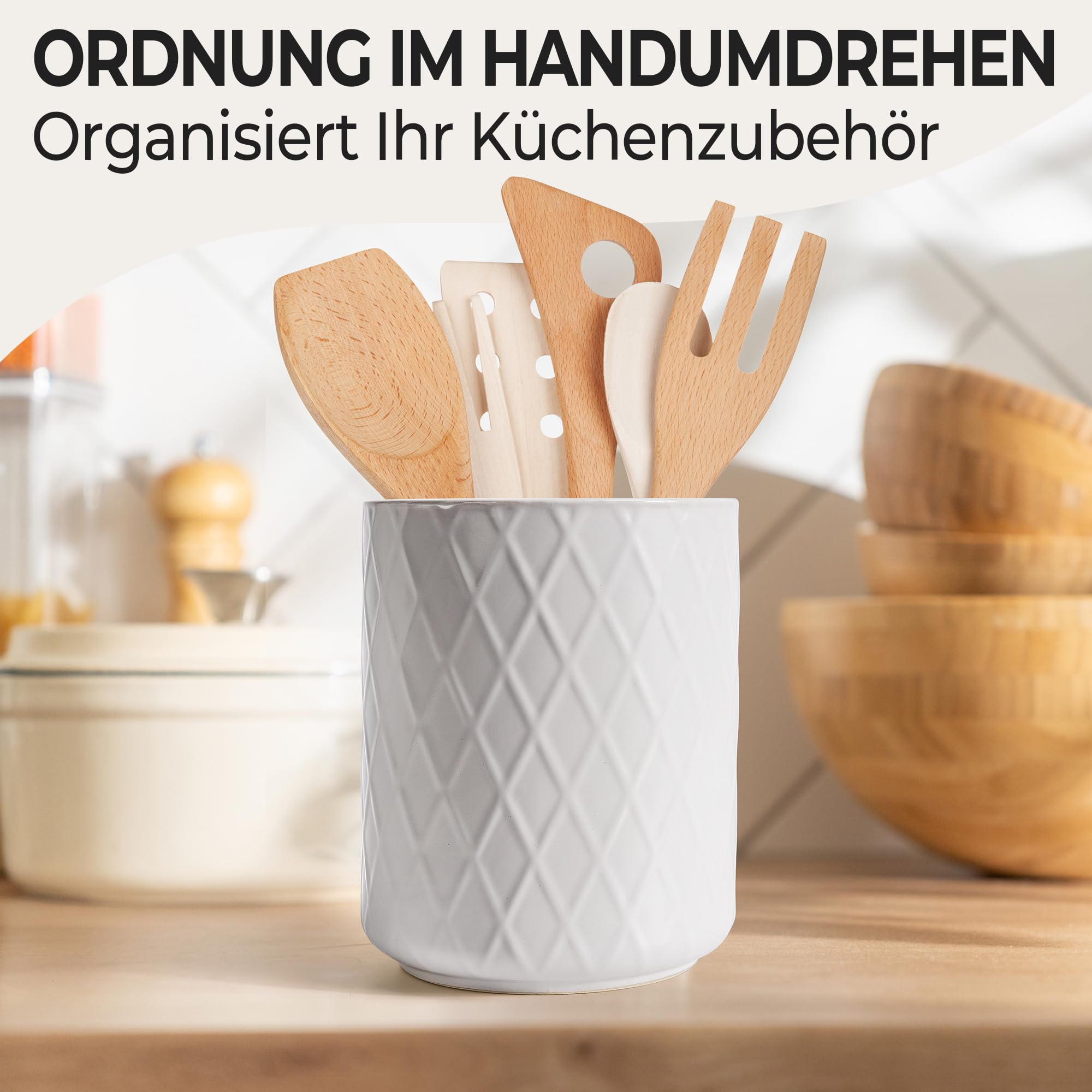 MIAMIO – Küchenutensilienhalter Keramik/Küchen Organizer Set für die Aufbewahrung von Besteck, Kochlöffel und Zubehör - Palmanova Kollektion (Weiß)