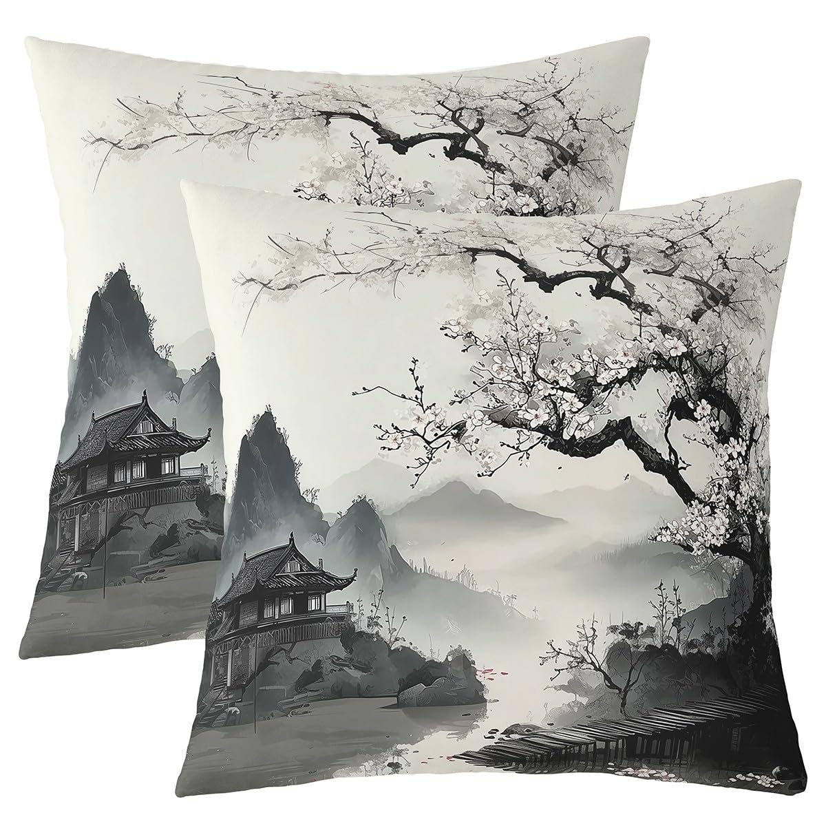 Homemissing Japanese-Style Cushion Covers Set of 2 60x60cm Cherry Blossoms Throw Pillow Covers Japanese Ukiyoe Decor Pillowcase Hokusai Pattern Indoor Outdoor Super Soft