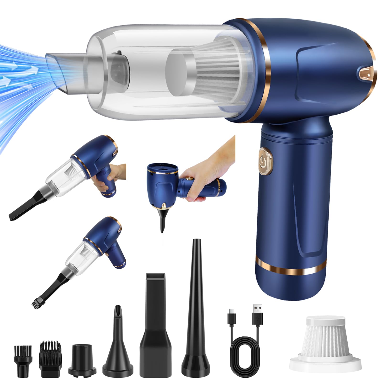 3 in 1 Compressed Air Duster Cleaner with 2x 2.0Ah Batteries, 11000PA Power Cordless Air Duster, Electric Air Blower Rechargable,Compressed Air Gun,Handheld Computer Vacuum for Computer, Keyboard, Car