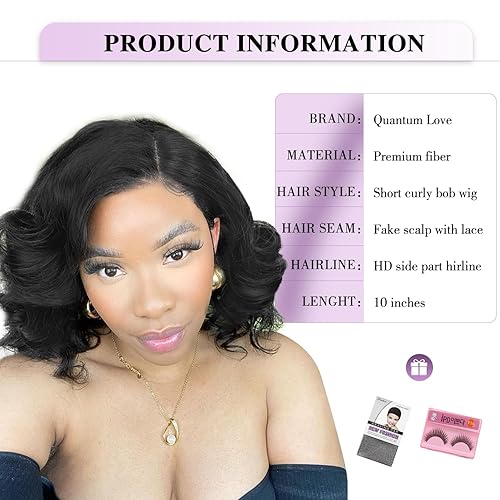 Miniatura 5 de Quantum Love Pelucas rizadas con encaje frontal, pelucas cortas y rizadas estilo Bob, pelucas sueltas con parte lateral para mujeres negras, peluca