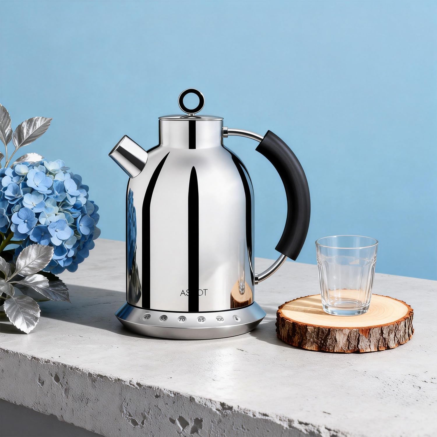 ASCOT Wasserkocher Edelstahl mit 5 variablen Voreinstellungen, Elektrischer Teekessel Kaffee Wasserkocher, 30Mins warm halten, 2200 Watt Schnellheizung, 1.5L