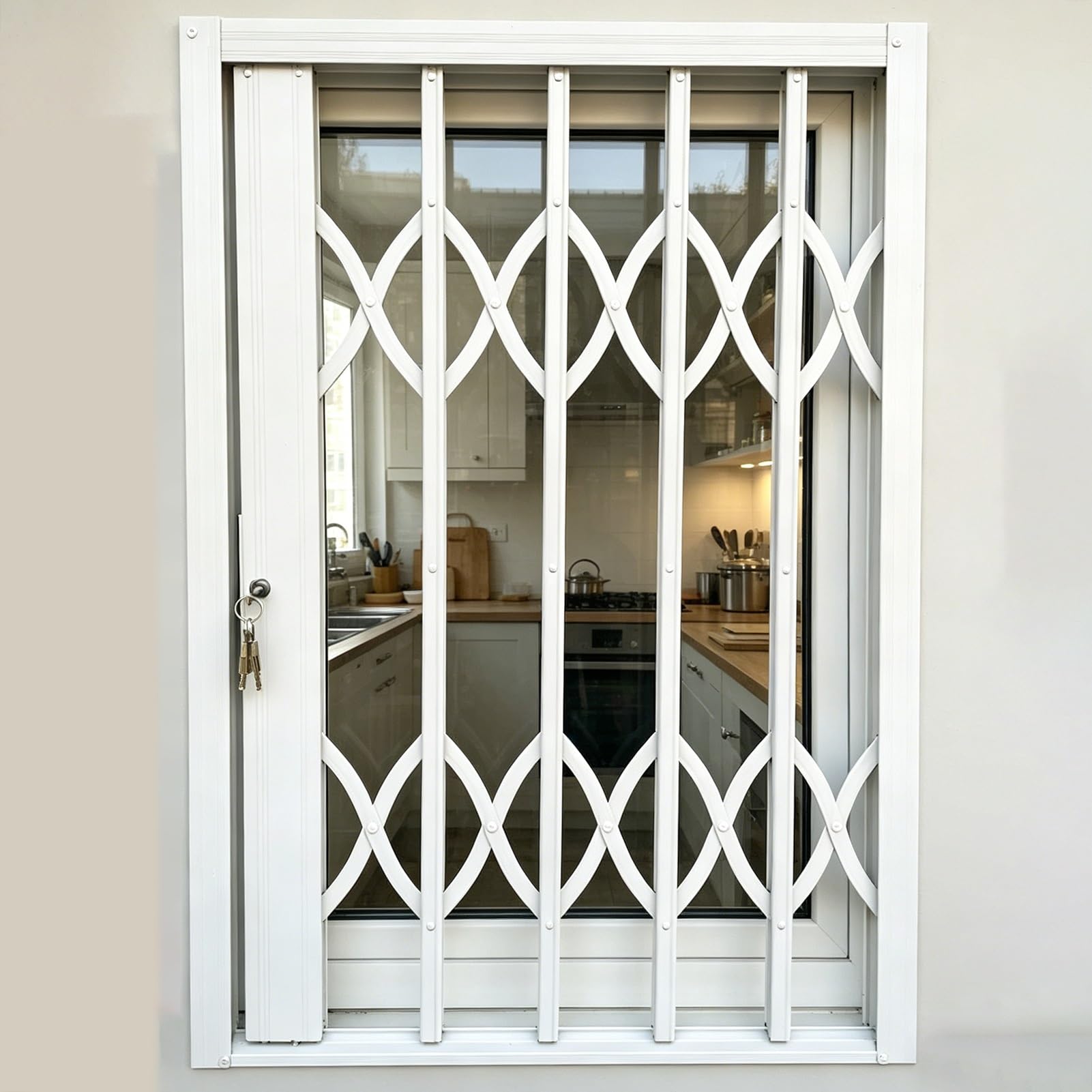 Valla extensible para ventana, plegable, para empujar y tirar para alto, antiroturas, color blanco Ber para planta baja (90 x 190 cm)