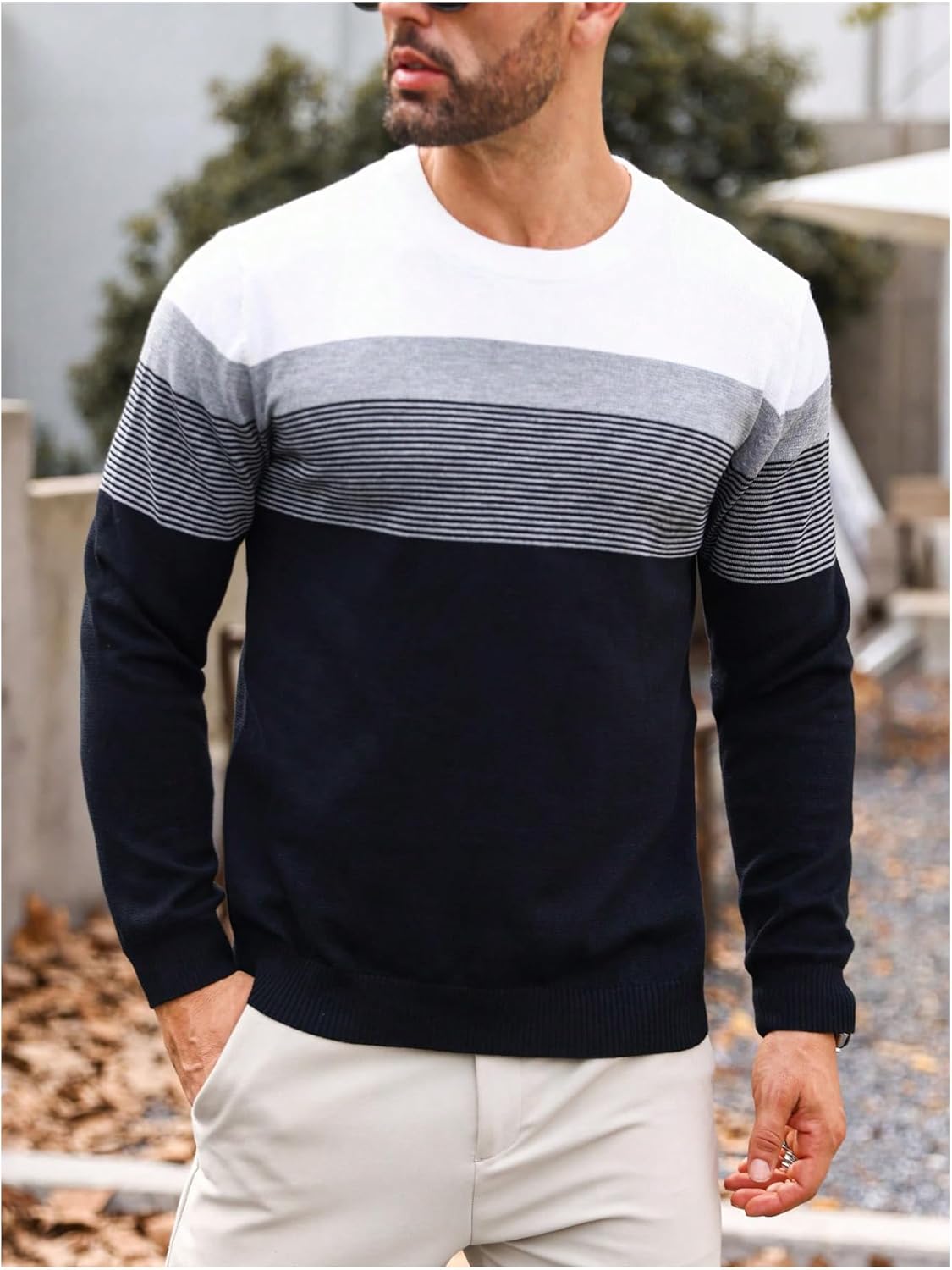 MakeMeChic Men's Striped Sweaters Long Sleeve Round Neck Knitted Pullover Tops - Image 4
