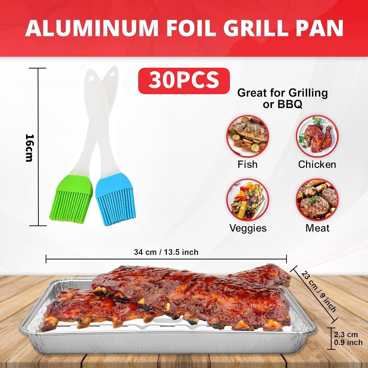 KAHEIGN 30 Piezas Bandejas Desechables para Barbacoa, 34CM x 23CM x 3CM Plato Perforadas de Aluminio para Asar a la Parrilla con Agujeros y Fondo Acanalado para Horno Carbón Barbacoa Asado Hornear
