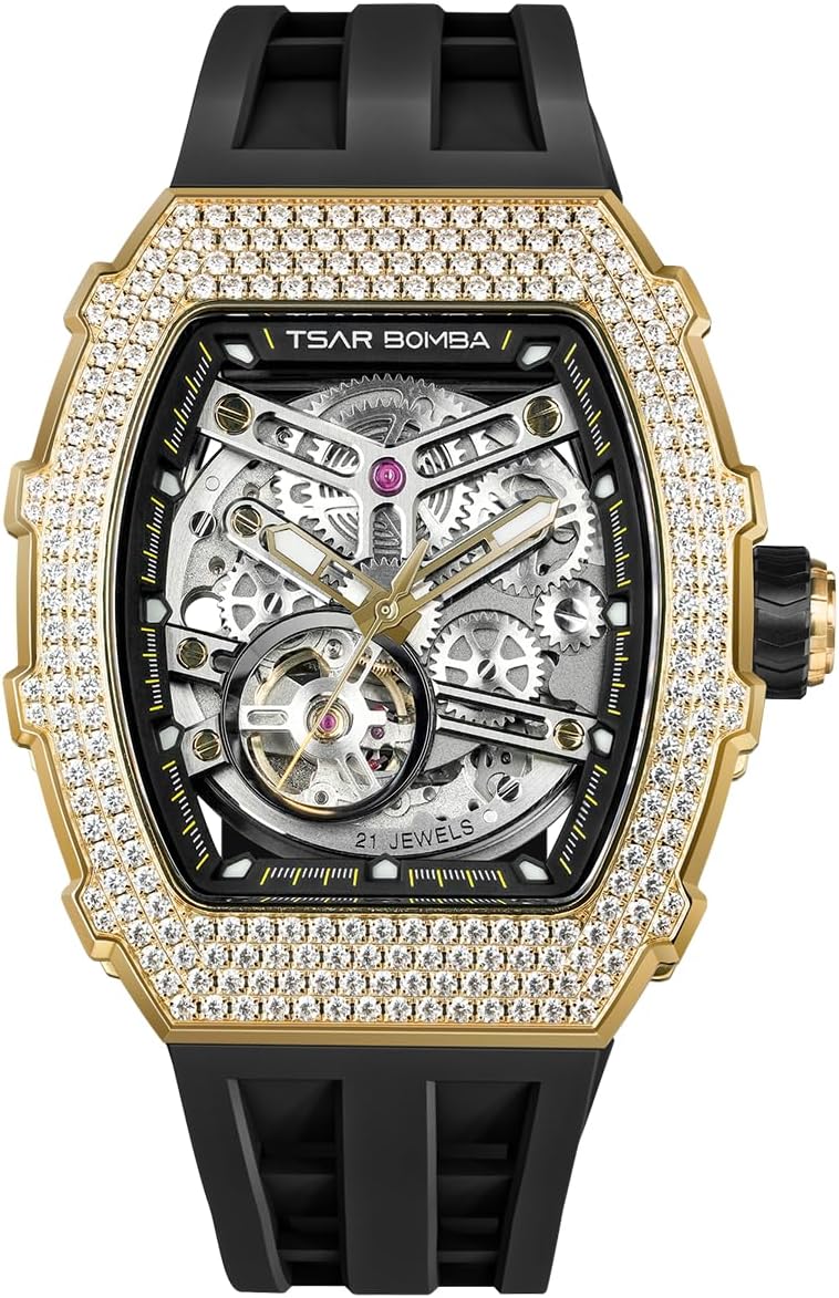 TSAR BOMBA Men's Automatic Watch Luxury Skeleton Watches for Men Mechanical 50M Waterproof Analogue Tonneau Watches Mens Unique Cool Square Big Face Dial Wristwatch Gift for Men