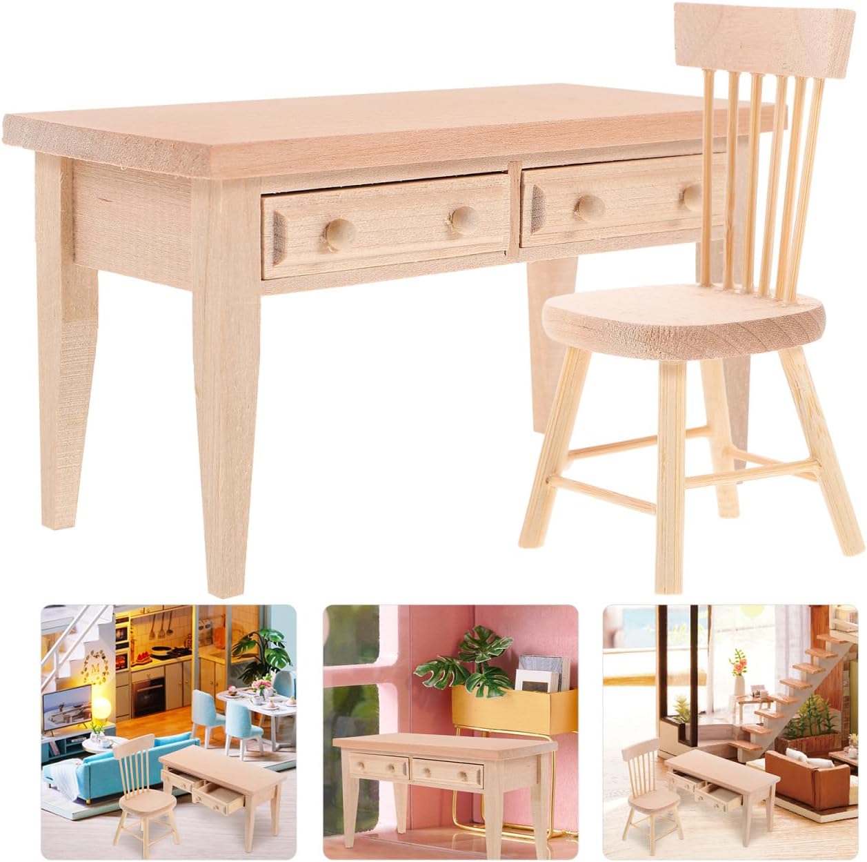 Wooden Mini Dollhouse Furniture: 1:12 Dolls Table & Chair Furniture Set Desk Chair with Drawer for Photo Props Mini House Living Room Accessories