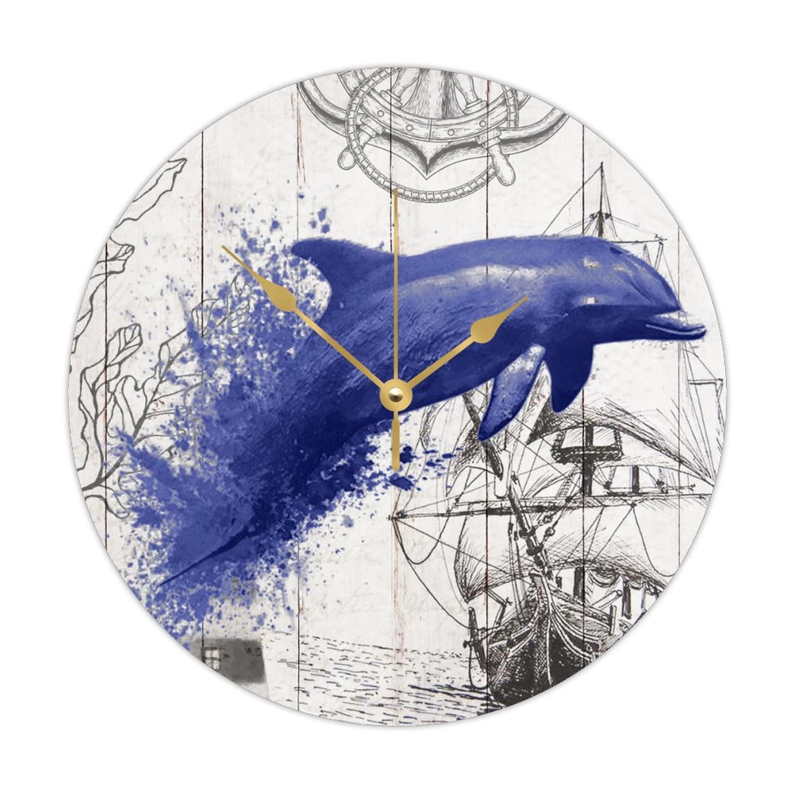 Horloge à quartz en bois 38 cm : pendule murale silencieuse à pile motif marin