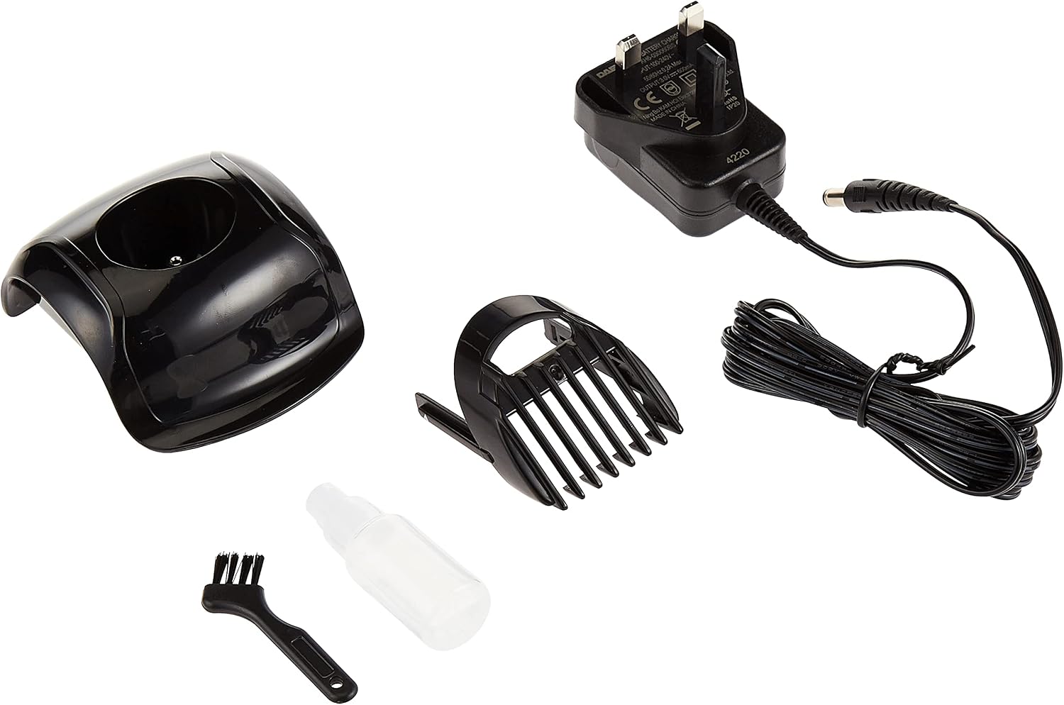 Accessories included with the Daewoo Rechargeable Hair Clipper: charging adapter, charging base, comb attachment, cleaning brush, and lubricating oil.