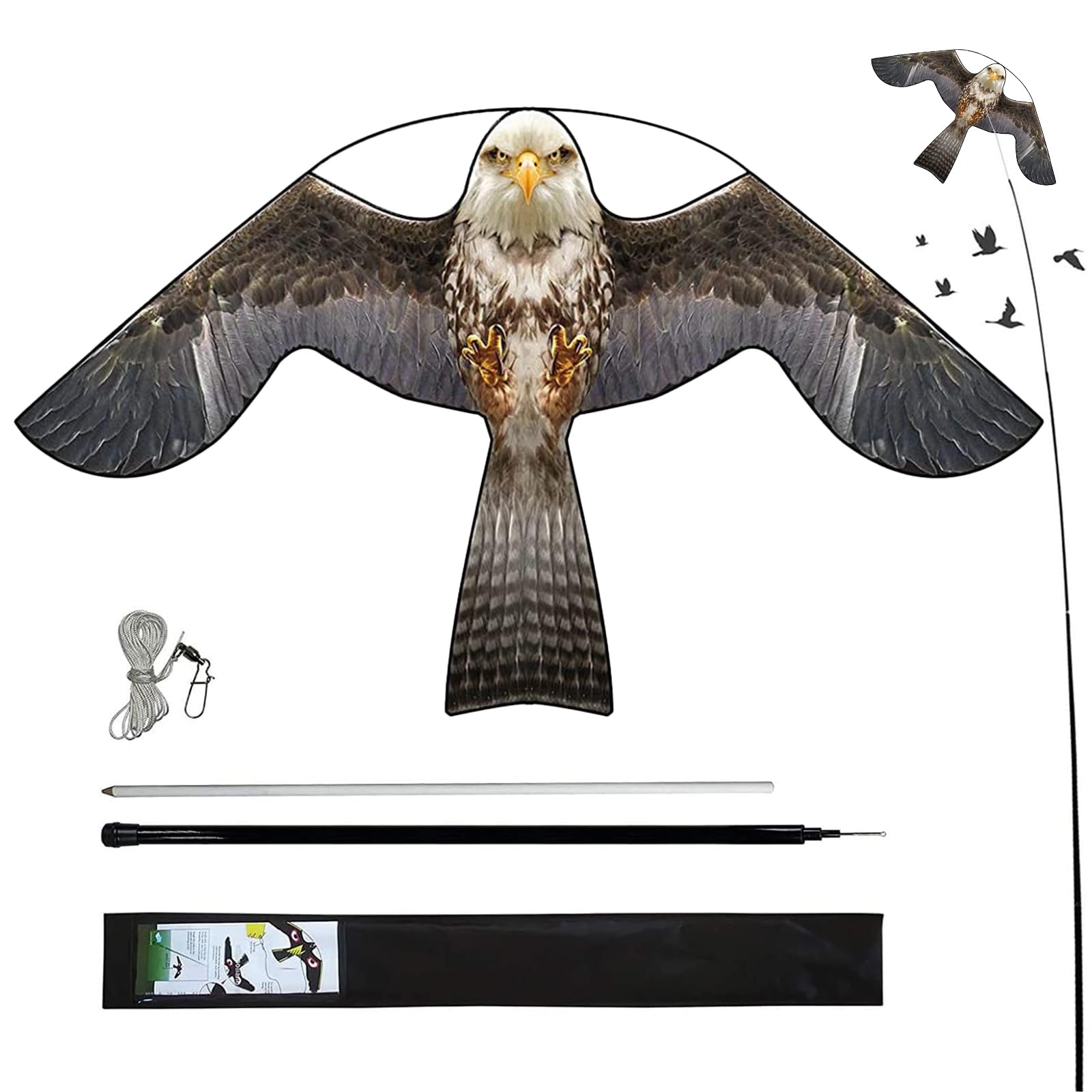Hawk Kite with Pole to Keep Birds Away Garden Farm Defender Decay Scaring Birds Off Professional Anti Bird Device Outdoor Deterrent Eagle Scarecrow Protector for Birds Control
