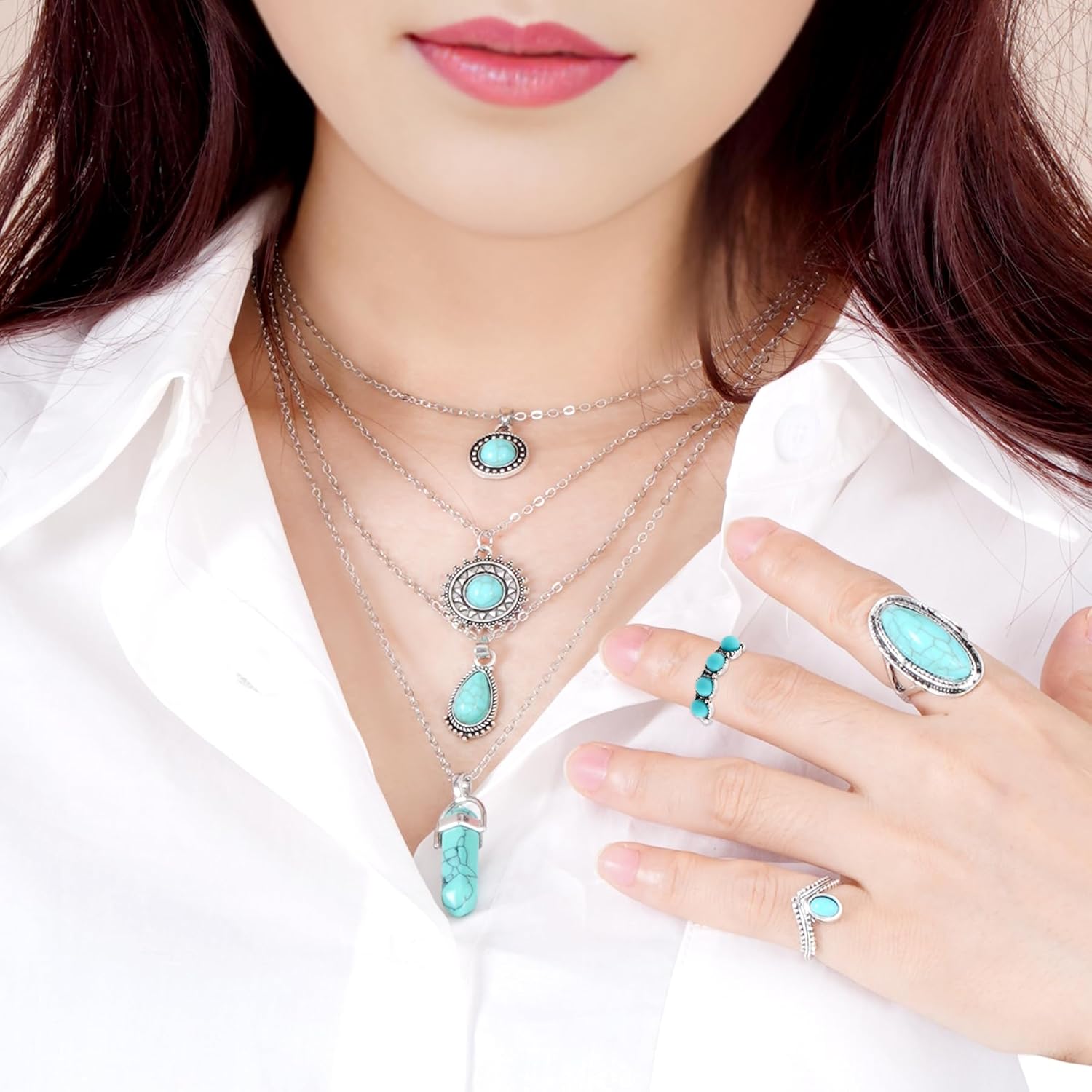 Turquoise Necklace Set - 12pcs Including 4pcs Layered Necklaces & 8pcs Stacking Rings (Silver) - Image 2