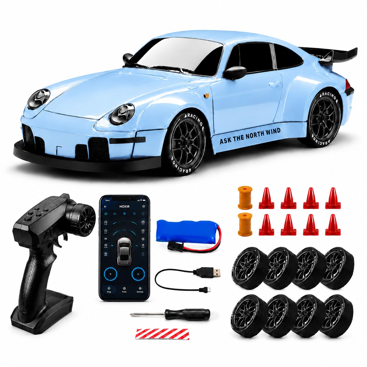 RC Drift Car TORSCHE 1:24 Scale 2.4GHz | 25 KM/H High Speed, Replaceable Drift Tyres, Rechargeable Battery, LED Lights, Traffic Cones & Spare Wheels-image-43