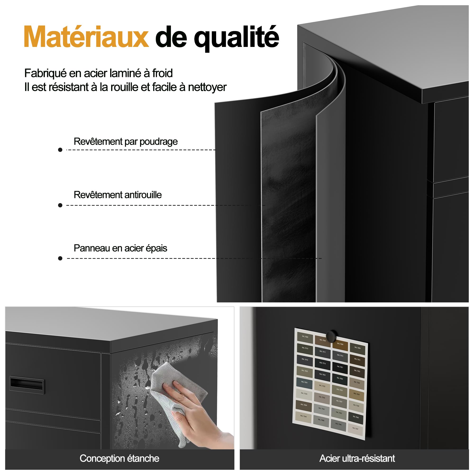 Armoire de Rangement en Métal Noir 90x80x40cm, Verrouillable à 2 Portes avec 2 tiroirs & 1 étagère réglable en Hauteur, Placard Polyvalent en Acier pour Garage, Bureau, Maison et Salon