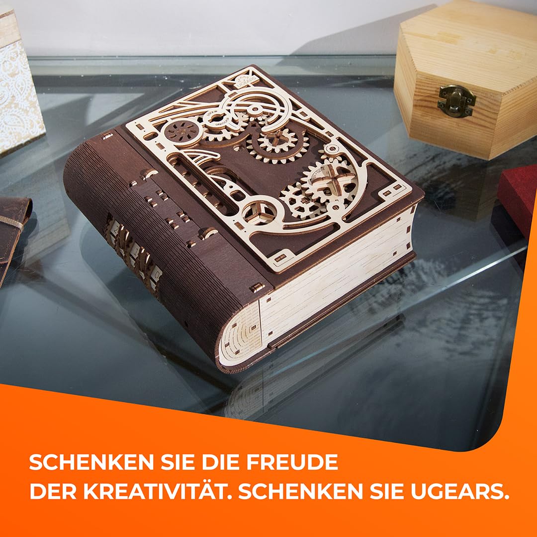 UGEARS Holzmodellbausätze zum Zusammenbauen – Buch der Geheimnisse 3D Holzpuzzles für Erwachsene mit Steampunk-Kombinationsschloss – Mechanische Puzzlebücher für Erwachsene 263 Teile