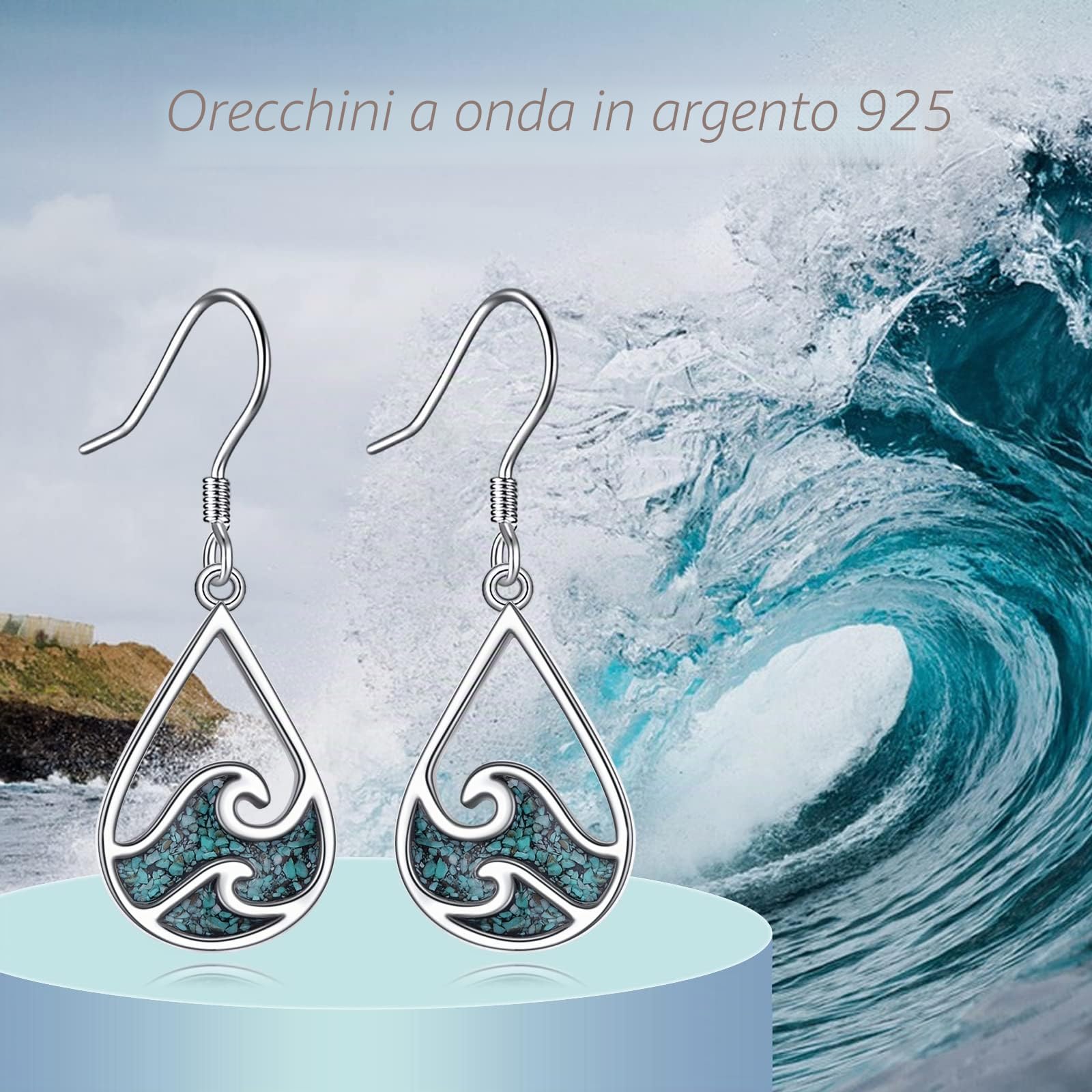 YFN Orecchini a forma di onda del mare in argento sterling turchese appeso pendenza orecchini a goccia oceano spiaggia gioielli estivi a tema regali per donne ragazze
