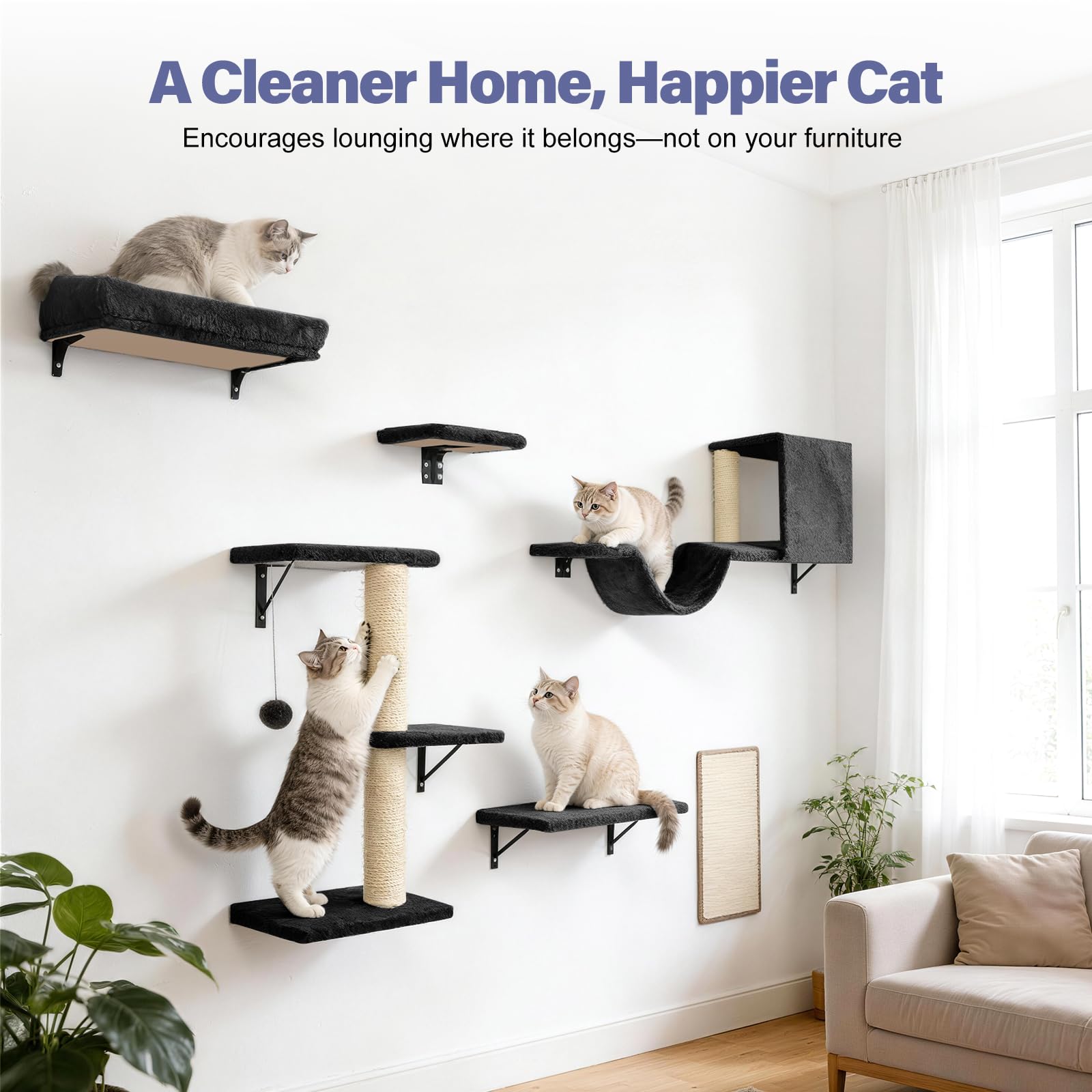 Fopetfy Cat Wall Shelves, Stable & Safe 6 in 1 Cat Furniture Set Black, for Cats to Climb, Hide, Lounge, and Scratch - image 3