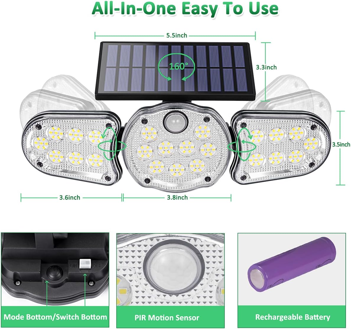 Kurifier Solar Outdoor Lights, 161LED Bright Flood Lights Outdoor, 3Head Motion Sensor Outdoor Lights Solar Powered, Adjustable Security Waterproof LED Solar Lights for Front Door Garage Yard 2Packs