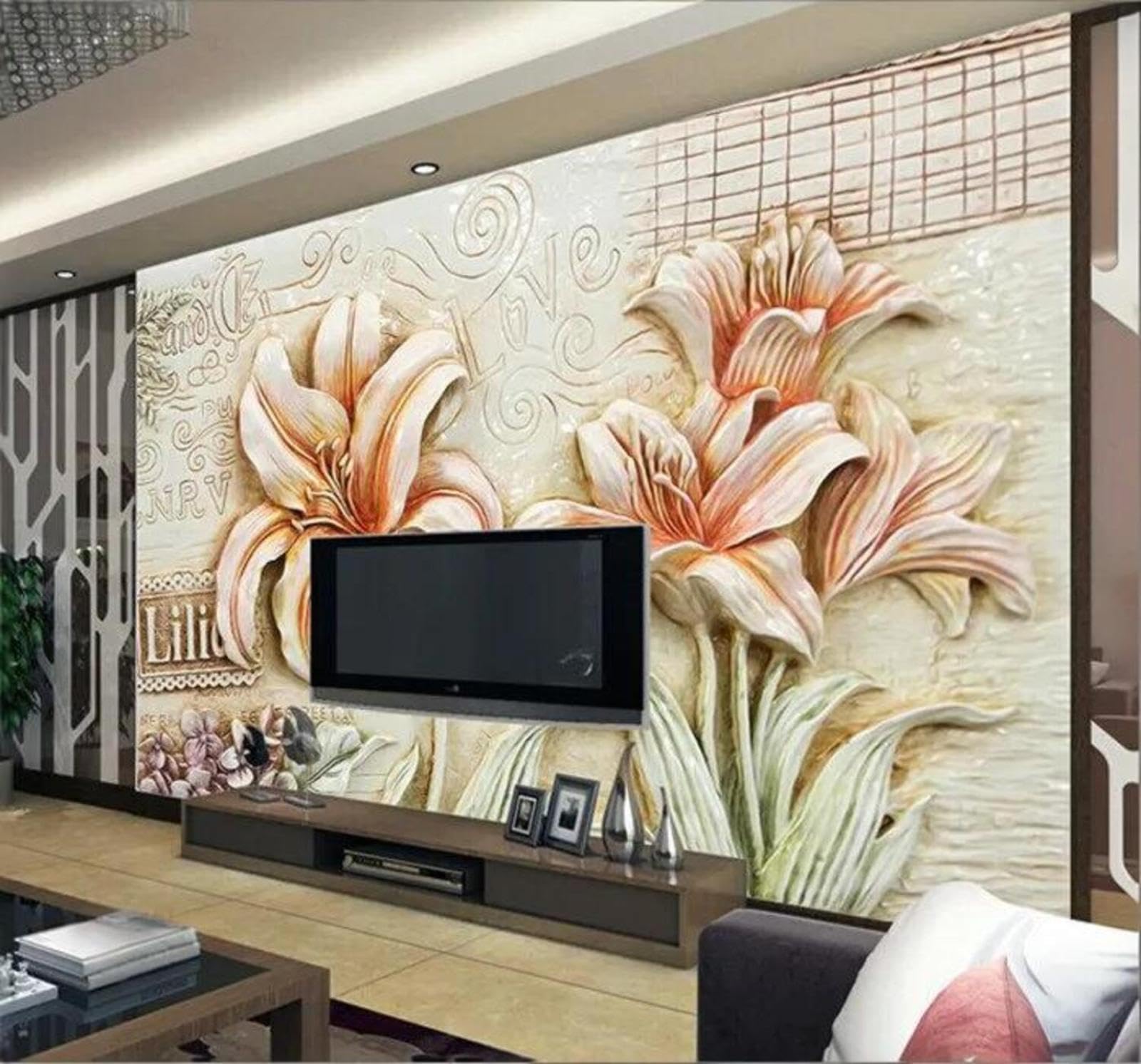 Wallpaper-3D-Xlm 350Cm×256Cm(B×H) Vintage Relief Fresh Lilies Art 3D Wallpaper Easy Install Feature Office Living Room Sofa Bedroom Tv Background Wall Decoration-350Cm×256Cm