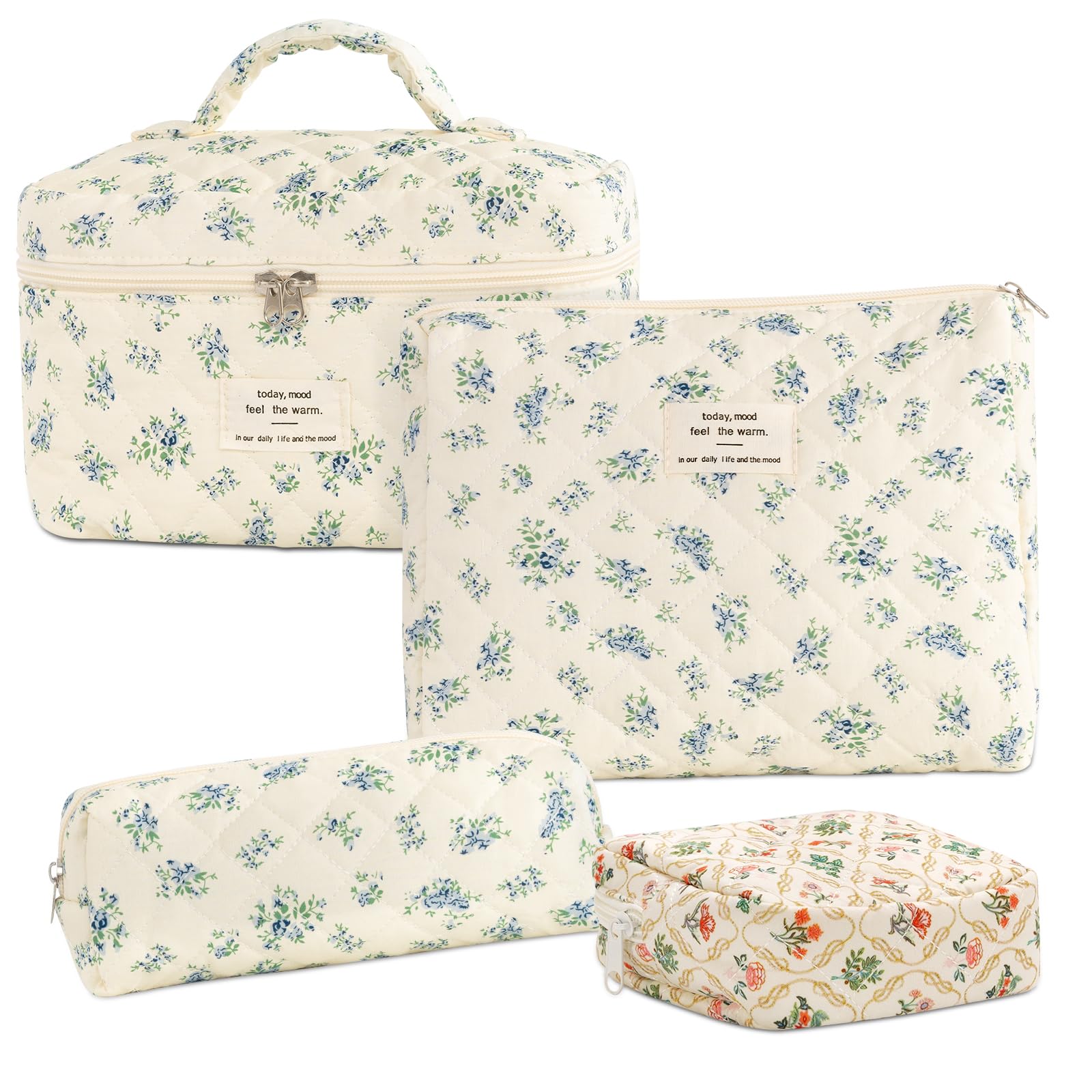 LANGSKIP'S 4PCS Makeup Bag Set, Floral Quilted Makeup Bag, Large Travel Toiletry Bag for Women Girls, Cute Cotton Cosmetic Bag Washable, Make Up Brush