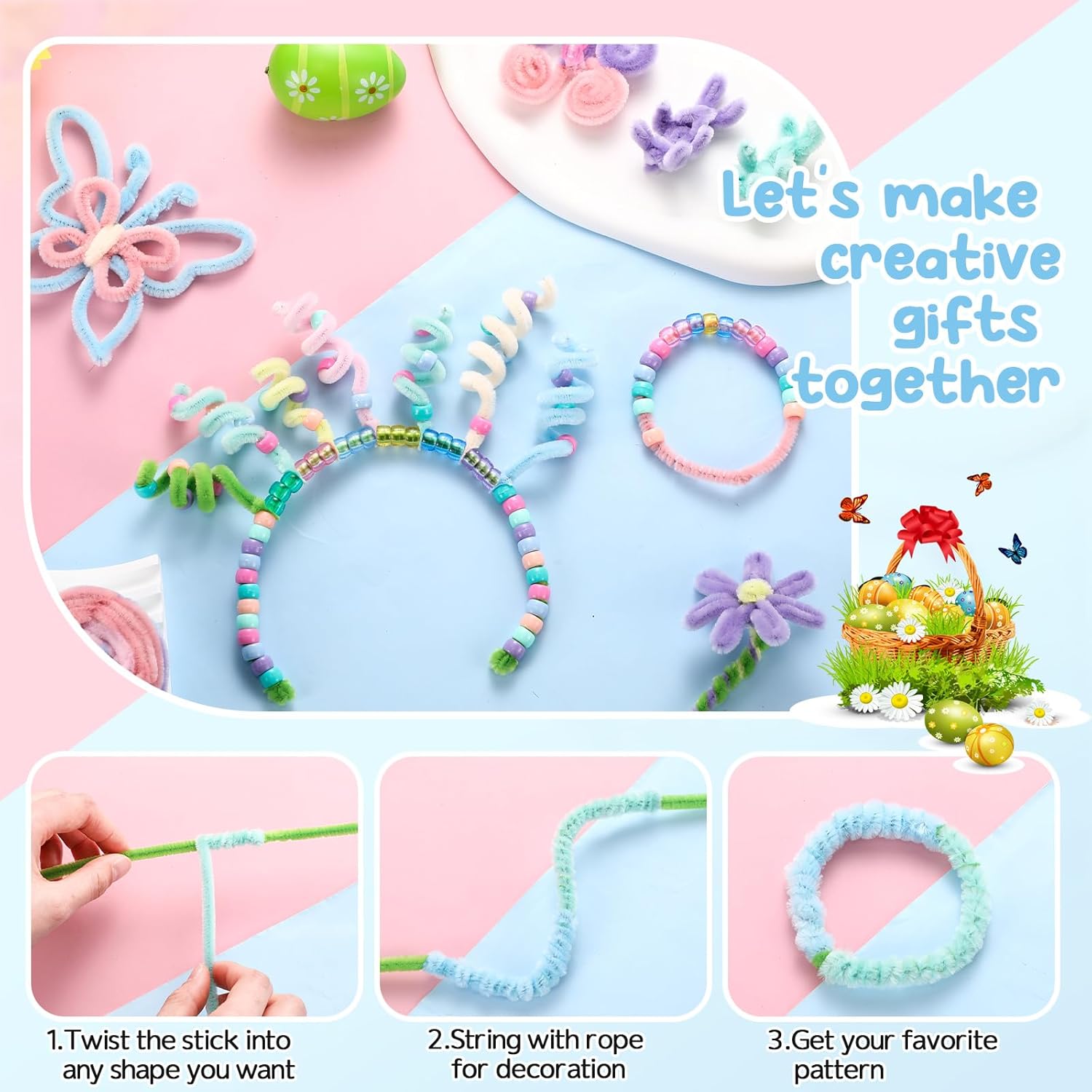 Daifunli 1200 Pcs Candy Pastel Color Pony Beads Bulk with 120 Pcs 12 Inch Multi Colored Pipe Cleaners Chenille Stems Fuzzy Sticks Seed Beads for Hair Bracelets Jewelry Making Easter Decorations