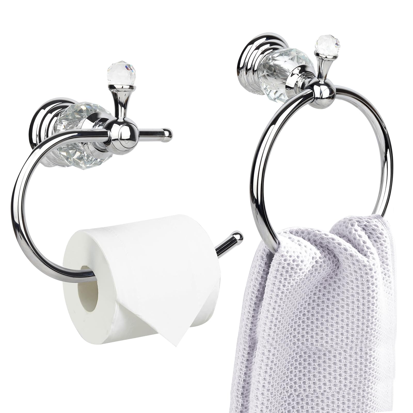 2 Pieces Sets Silver Crystal Series Toilet Paper Holder Wall Mouted Towel Ring, Gold Round Hand Towel Rack Decorative for Bathrooms