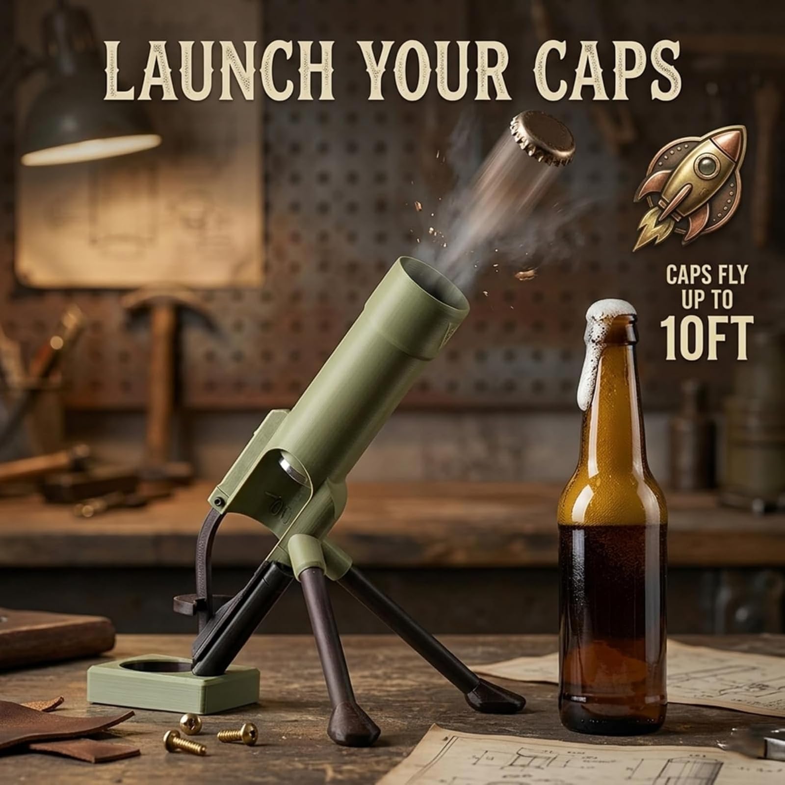 Bierflaschenöffner im Mörser-Design, 51-mm-Kronkorken-Werfer, automatisches Push-Down-Design für freihändige Bedienung, Bierflaschenöffner im „Mortar-Style“ – ideal für Hausbar & Partys (2*A)