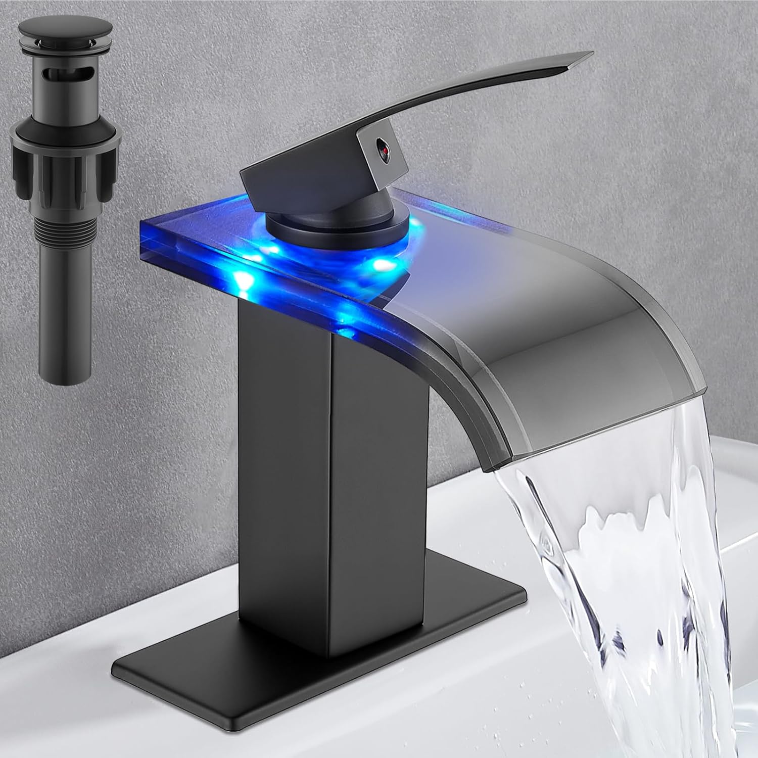 Midanya LED Bathroom Sink Faucet,Matte Black Waterfall Single Hole
