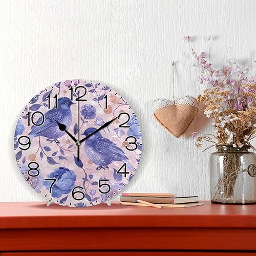 Miniatura 2 de Reloj de pared de pájaro de colores pastel rosa y azul, funciona con pilas, sin tictac, cuarzo silencioso, analógico, rústico, rústico, reloj