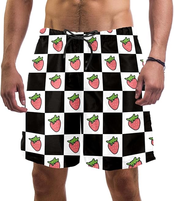 Amazon Co Jp 休暇のためのメンズショートスイムトランクスボードショーツ チェック 黒 白 いちご かわいい ファッション Amazon Co Jp 休暇のためのメンズショートスイムトランクスボードショーツ チェック 黒 白 いちご かわいい ファッション