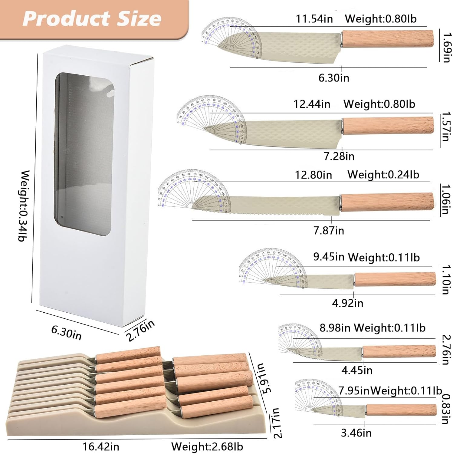 In-Drawer Knife Block Set, 12PCS Stainless Steel Chef Knife Set with Knife Drawer Organizer, Sharp Cooking Kitchen Knife Set with 6 Steak Knives for Kitchenette for Small Spaces Save Space (Khaki)