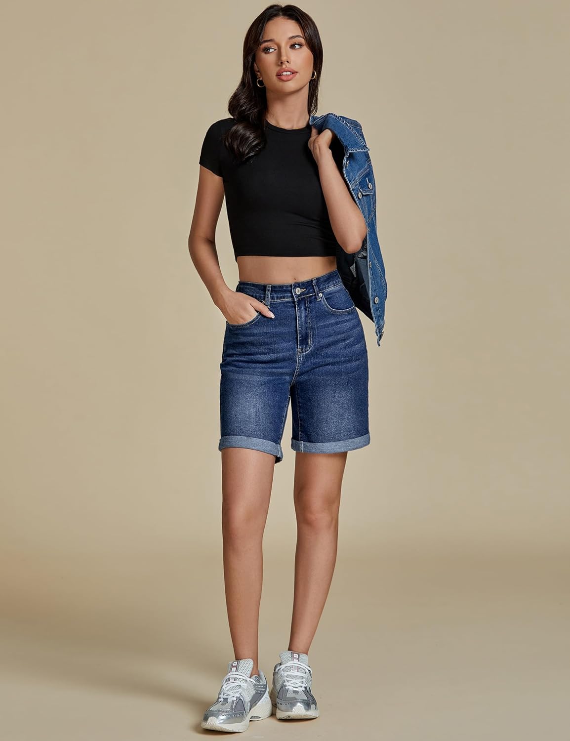 luvamia Jean Shorts for Women High Waisted Trendy Causal Summer Fold Hem Stretchy Long Denim Shorts 7 Inch Inseam - Image 9