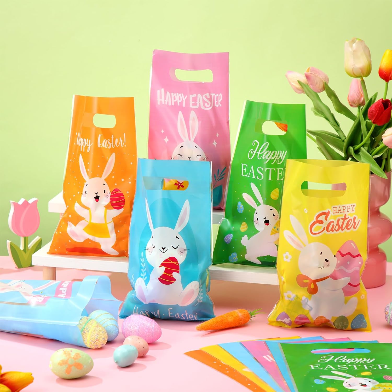 Crtiin 120 Pieces Plastic Easter Gift Bags Large Plastic Tote Easter Candy Goodie Gift with Handles Hunt Bags for Party Favor Supplies, 6 Designs - Image 4