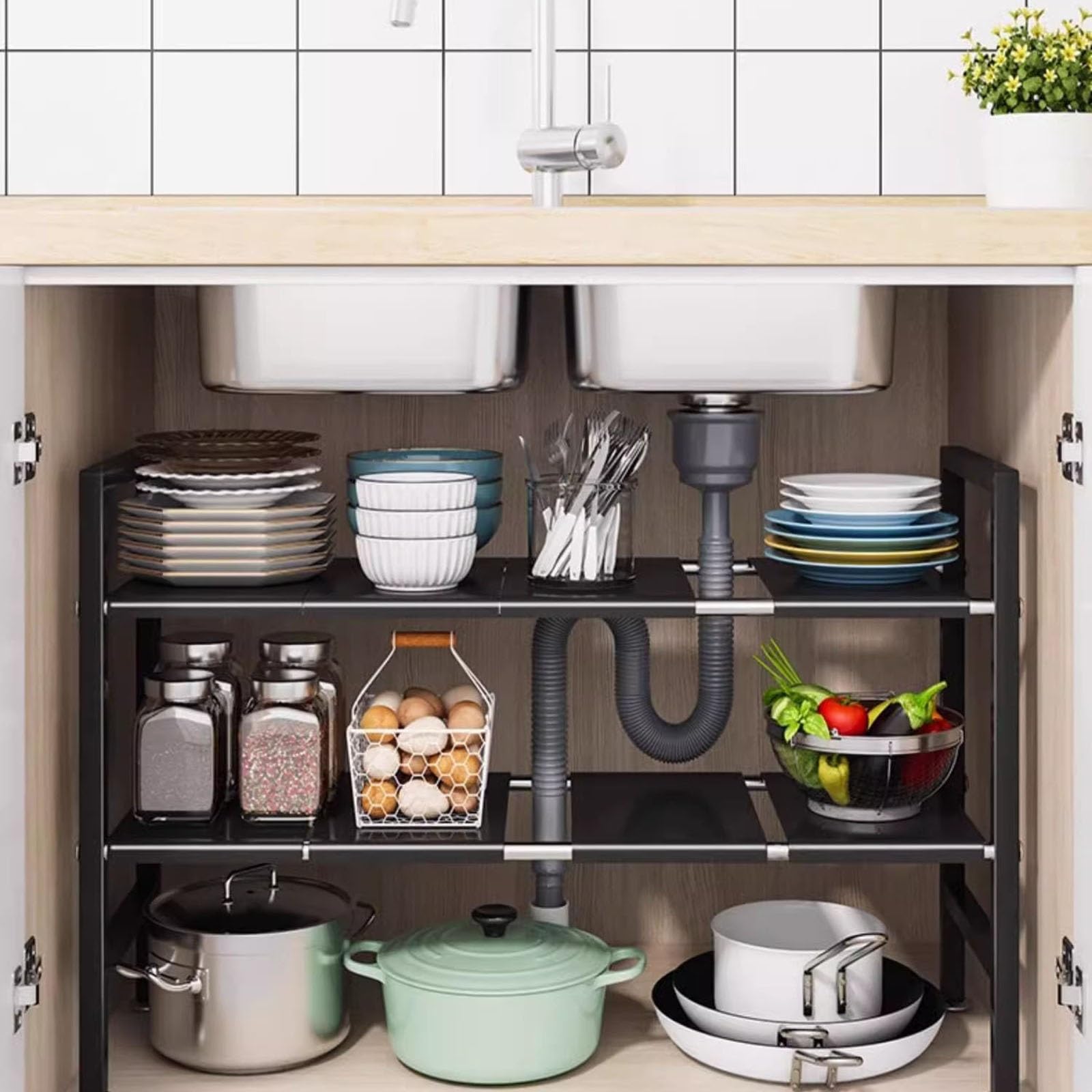 Erweiterbarer Unterschrank Organizer, 2-Stufiger Spülschrank Organizer Ausziehbar mit Abnehmbaren Paneelen, Regal Ausziehbar für die Garderobe(Medium)