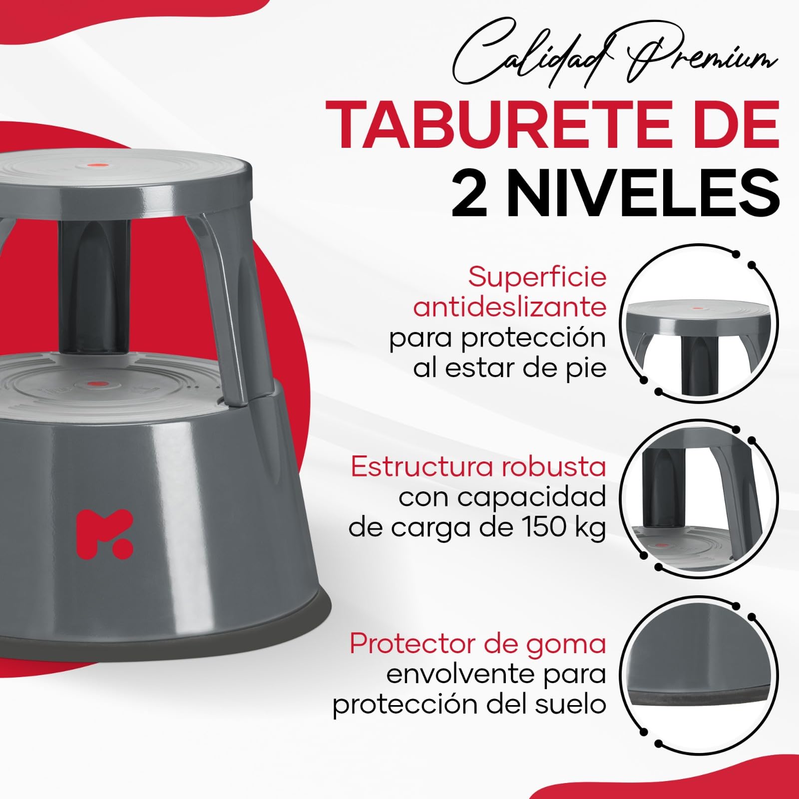 Taburete con Ruedas Bajo y Metálico - Resistente 150kg - Pata de Elefante para Taller - Banqueta Escalera - Elevador para Cocina y Baño