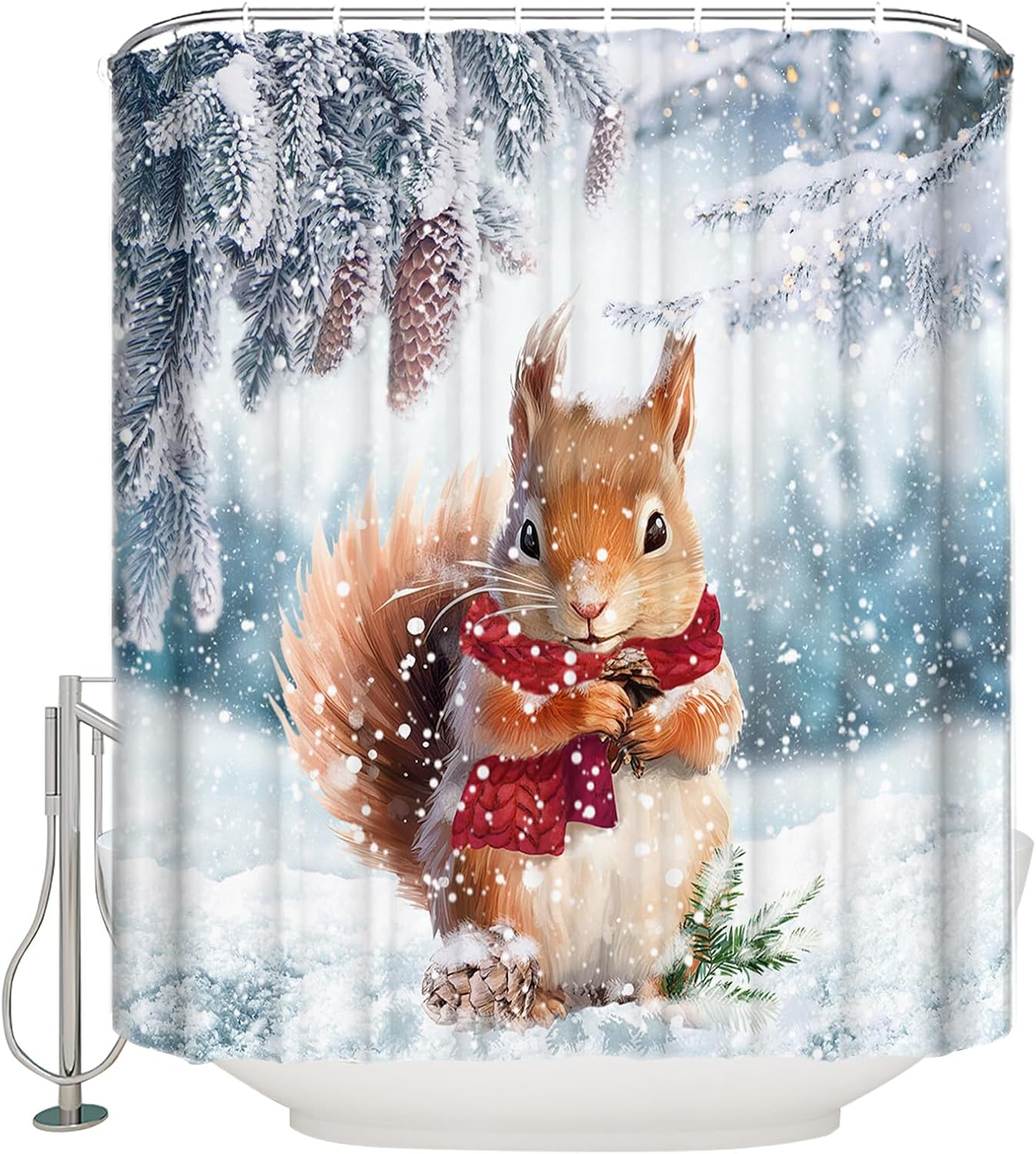 Christmas Shower Curtain for Bathroom 72" x 84" Christmas Winter Forest Cute Squirrels Shower Curtain with Hooks Polyester Waterproof Home Bathtub Decor