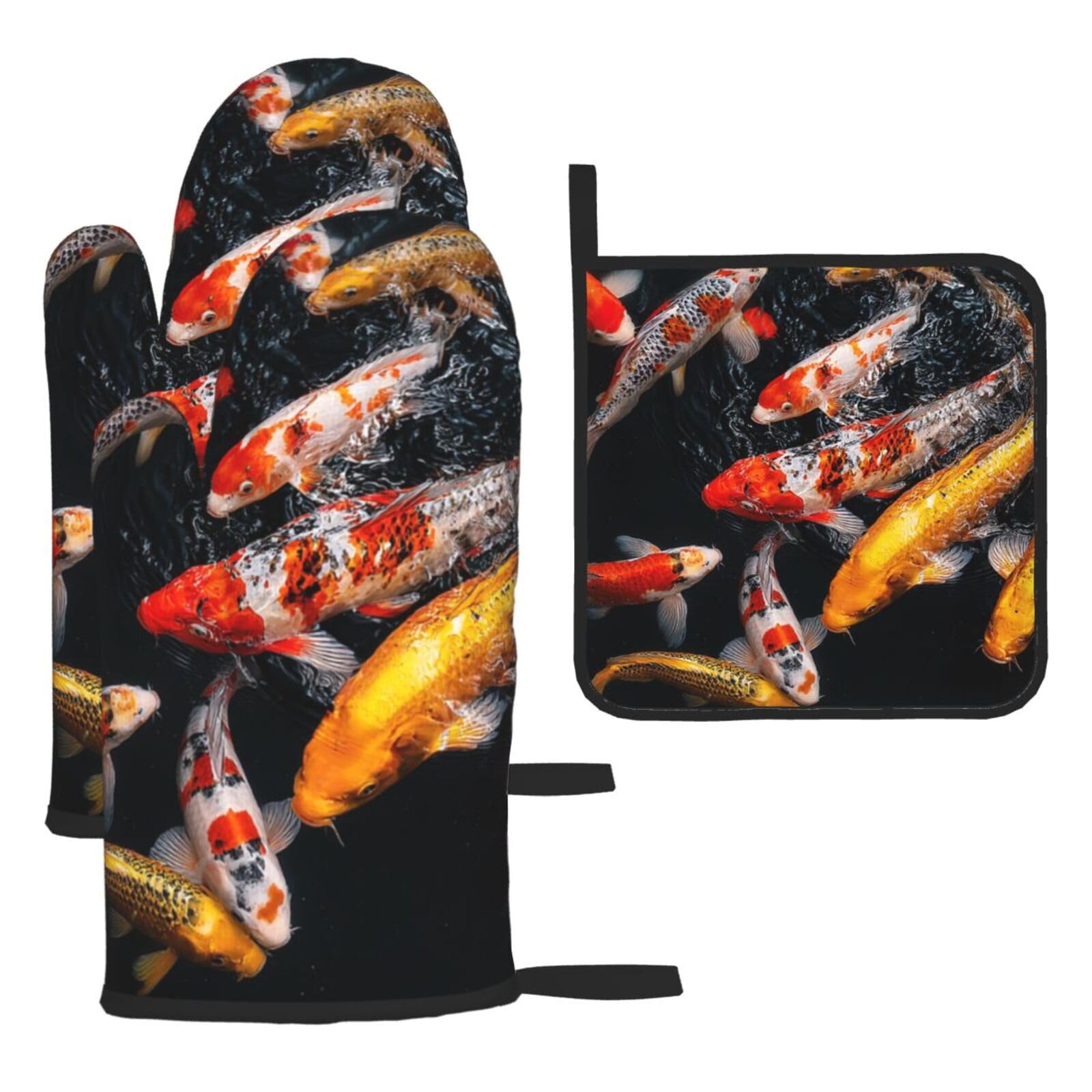 Oven Mitts and Pot Holders Sets of 3 Heat Resistant Kitchen Gloves Japan Fancy Koi Carp Fishes Oven Mitts BBQ Gloves Oven Gloves and Hot Pads Non-Slip Potholders for Kitchen Baking Cooking