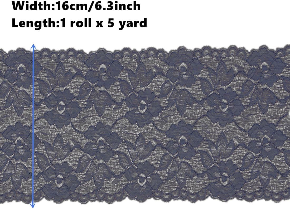 MSCFTFB 5 Yards Width 6.3 Inch Stretch Lace Trim Fabric Elastic Lace Flowers Ribbon for Garment Craft Embellishment Wedding Baby Shower Table Decorations (Black)