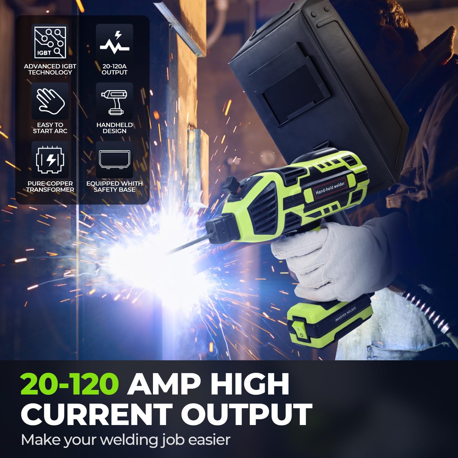 Handheld Welder Machine, 110V Portable Welding Machine with IGBT Inverter 6 Variable Current Adjustment 20-120Amp Handheld ARC Welder Gun for 1/16"-1/8" All Size Welding Rods(Green)