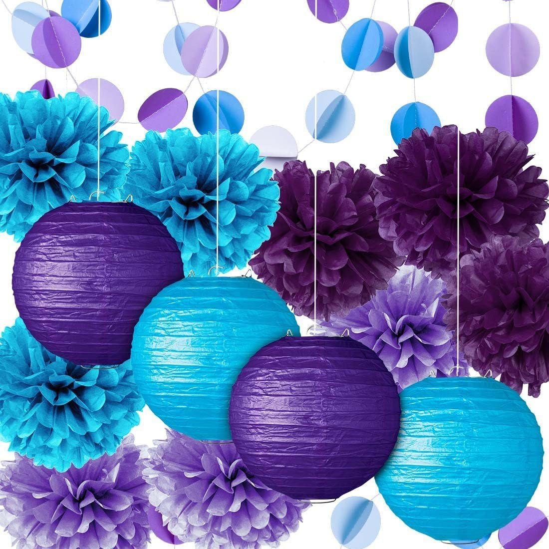 Fadesun Party Decoration Kit Purple Blue Tissue Paper Pom Poms Flowers Papers Lanterns Circle Garland Birthday Wedding Christening Frozen Theme Party Decorations for Adults Boys Girls