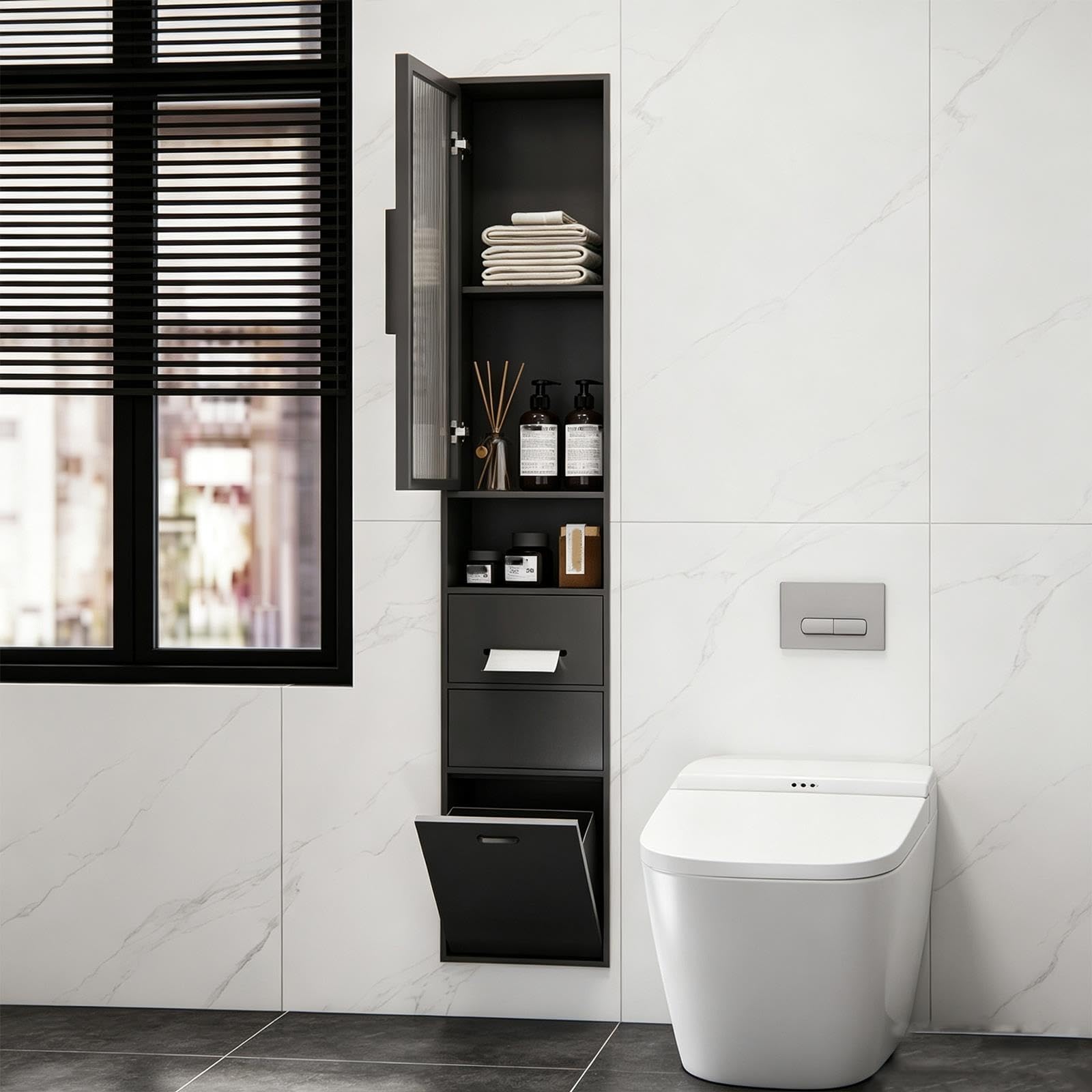 Nicho de pared empotrable de acero inoxidable con puerta de vidrio y cubo