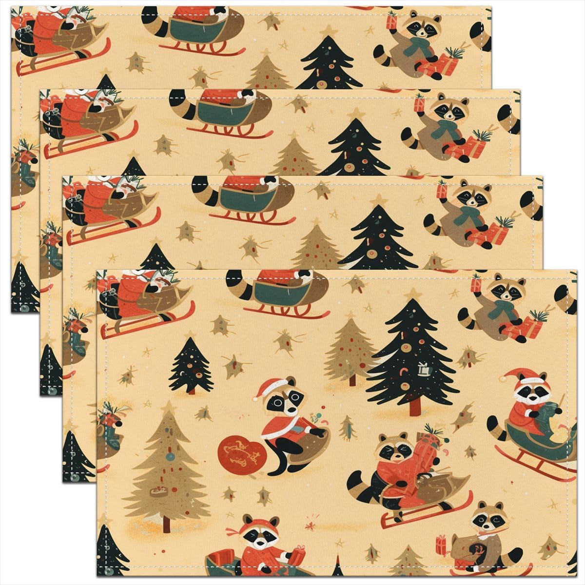 Cartoon Raccoon Placemats Beige Cute Place Mat | Cute Wildlife Vintage Countryside Christmas Tree Ornaments Table Mats 18"*12"*4, Outdoor Christmas Decorations image 5