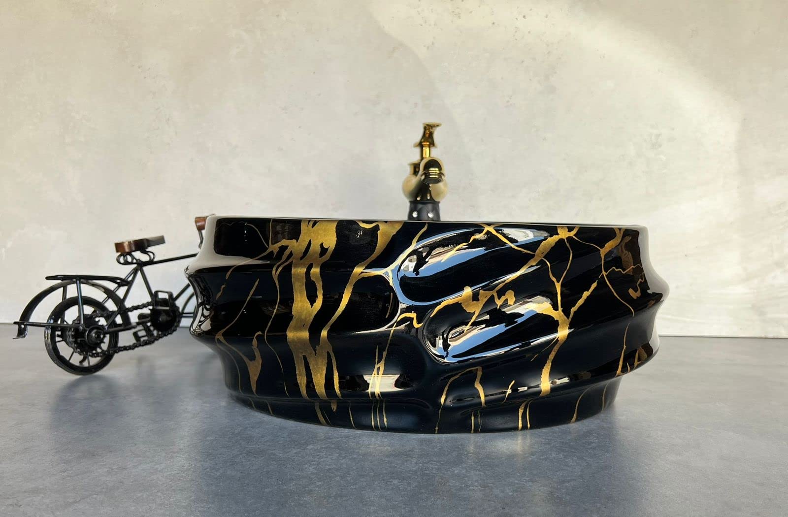 NEXIS Designer Glossy Finish Ceramic Art Wash Basin Vessel Sink Table Top | Collapsible Wash Basin (Black-Golden Art Wash Basin, 16 x 13 x 6 Inch) 3