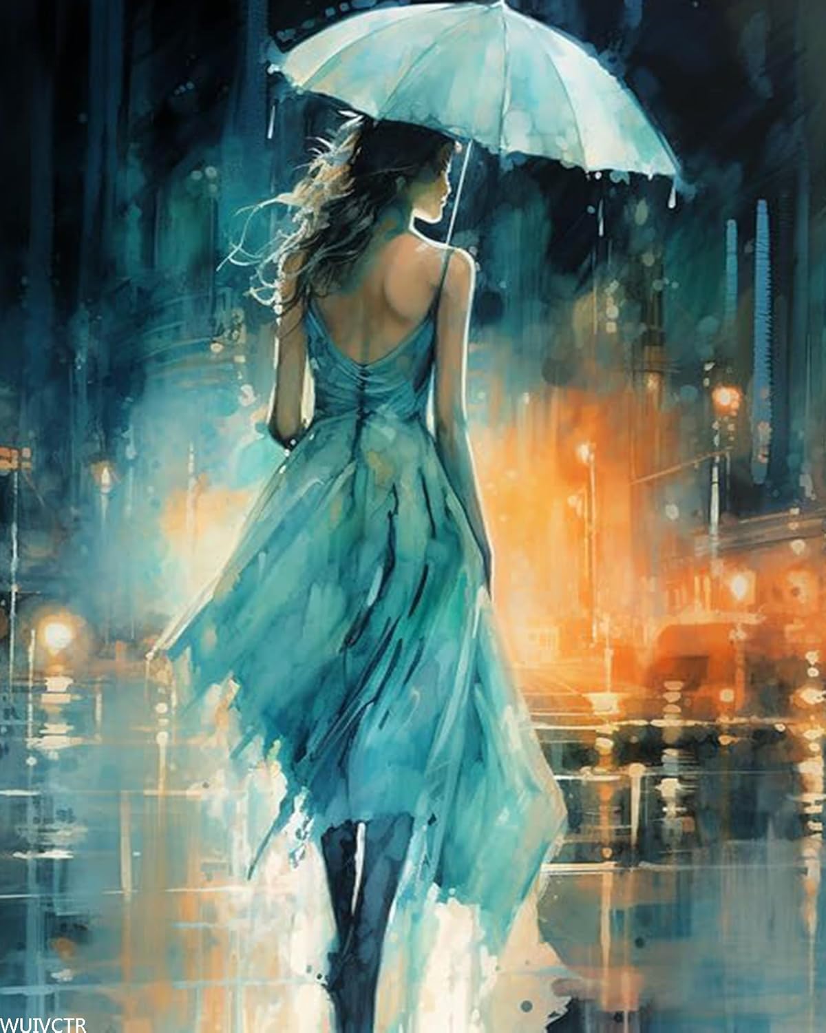 WUIVCTR Adults' Paint by Number Kits, Rainy Night Scenery, Lady in Blue Dress, Paint by Number Kits on Canvas, DIY Oil Paintings for Beginners Arts and Crafts, 40x50cm No Frame