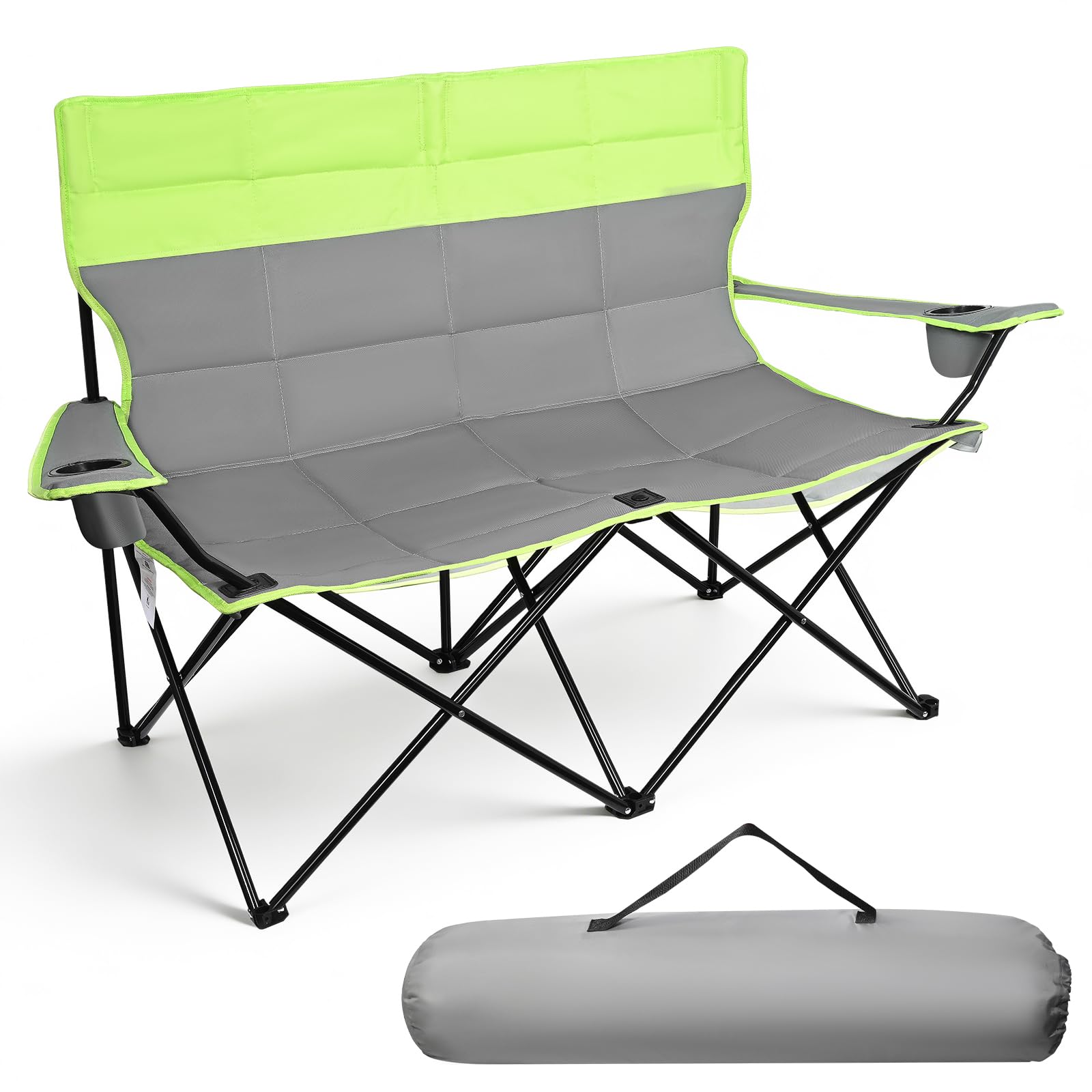 Campingstuhl Faltbar für 2 Personen, Klappstuhl Camping mit Getränkehaltern, Armlehnen & Tragetasche, Doppelfaltbarer Campingstuhl, Trägt bis 200kg, Faltstuhl für Camping Picknick Strand