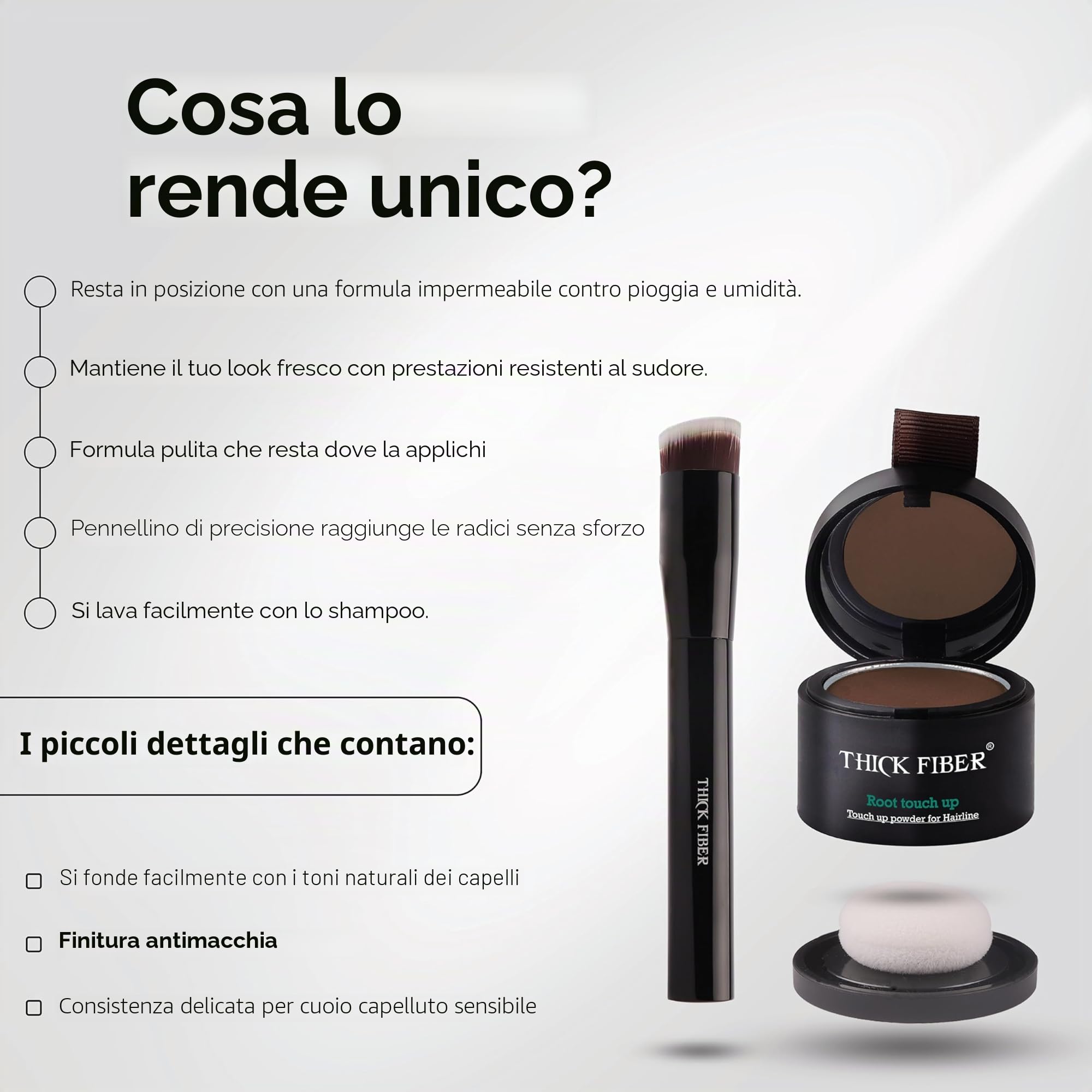 Thick Fiber Polvere per ritocchi radici, impermeabile e anti-sudore, correttore per capelli da donna, spazzola inclusa (marrone scuro)