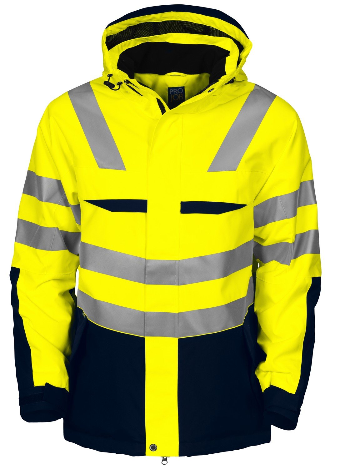 646418 – 10 – 3 – Chaqueta cortavientos/impermeable acolchada alta visibilidad con capucha desmontable/bandas reflectantes, Amarillo/Marino, XS